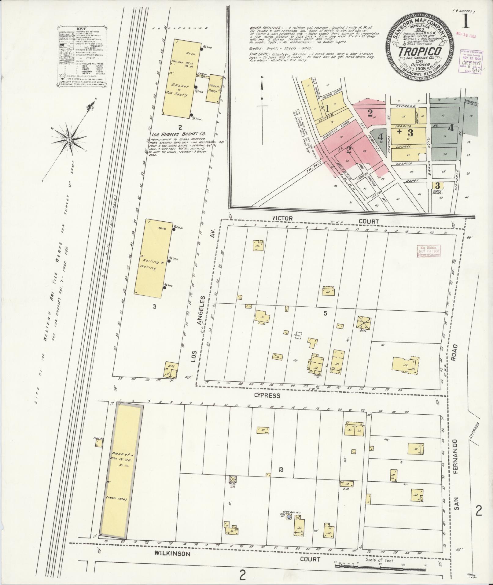 Sanborn Fire Insurance Map from Tropico, Los Angeles County, California (1908), Sheet #0001 - Complete Map Set gallery image, historic Sanborn map, vintage wall art, California California
