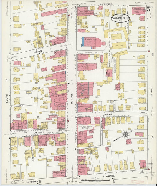 Sanborn Fire Insurance Map from Somerville, Somerset County, New Jersey (1917), Sheet #0005 - Historic Sanborn Fire Insurance Map Print, vintage old map wall art, antique decor, genealogy gift, New Jersey New Jersey map