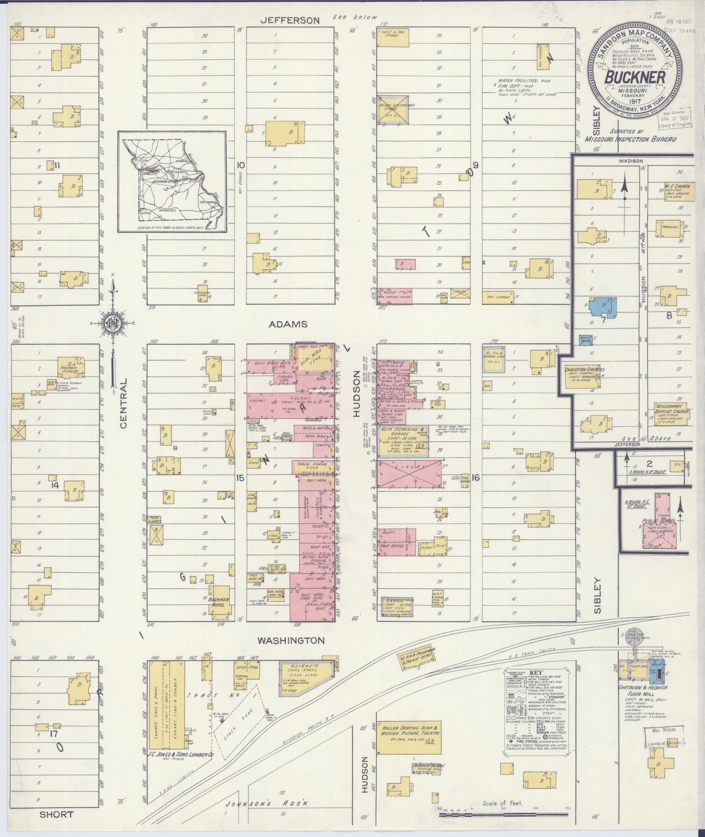 Sanborn Fire Insurance Map from Buckner, Jackson County, Missouri (1917), Sheet #0001 - Historic Sanborn Fire Insurance Map Print, vintage old map wall art, antique decor, genealogy gift, Missouri Missouri map