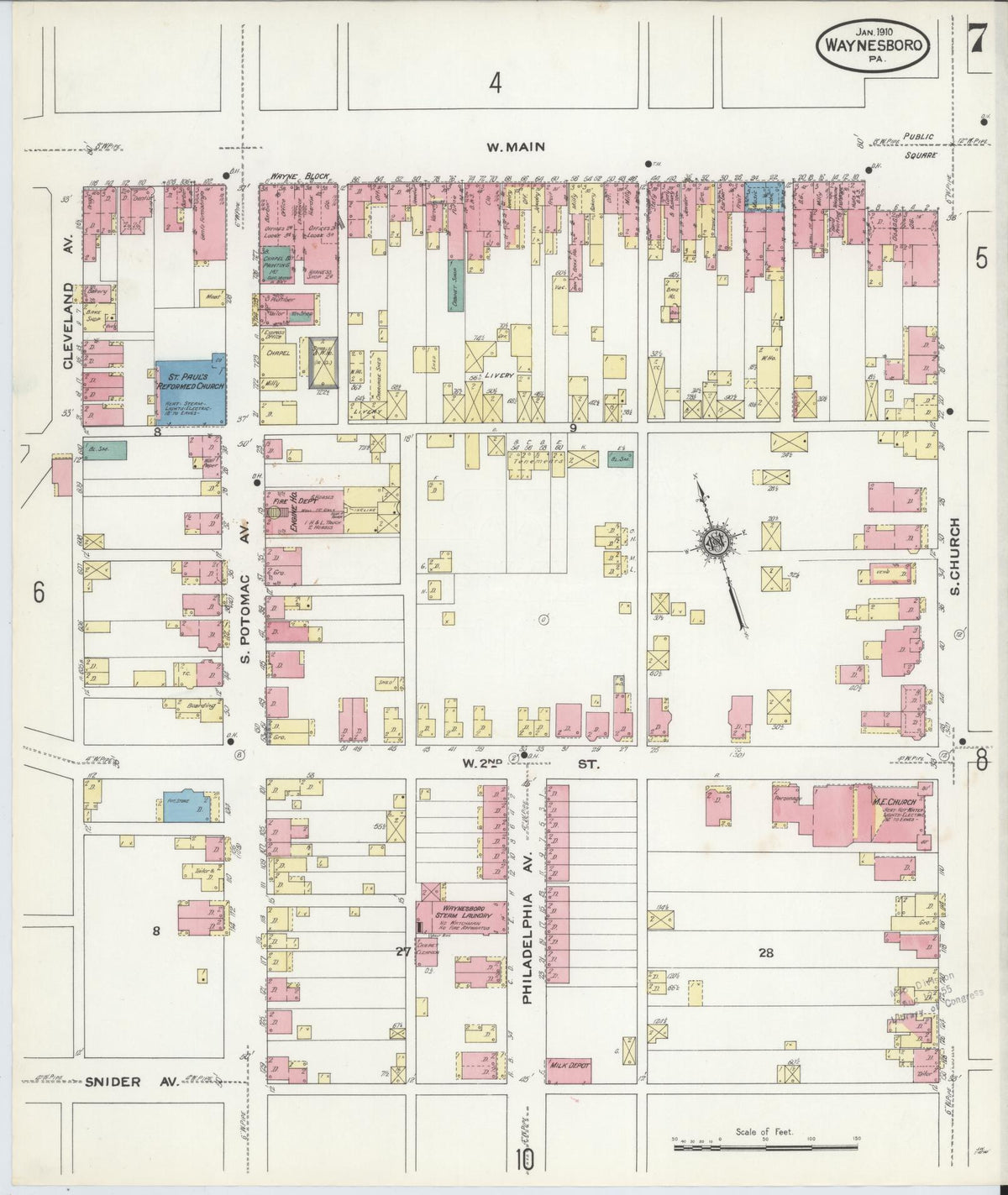 Sanborn Fire Insurance Map from Waynesboro, Franklin County, Pennsylvania (1910), Sheet #0007 - Historic Sanborn Fire Insurance Map Print, vintage old map wall art, antique decor, genealogy gift, Pennsylvania Pennsylvania map