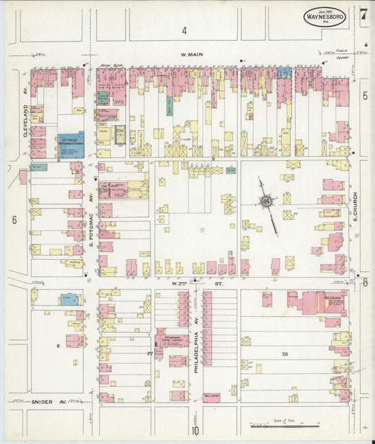 Sanborn Fire Insurance Map from Waynesboro, Franklin County, Pennsylvania (1910), Sheet #0007 - Historic Sanborn Fire Insurance Map Print, vintage old map wall art, antique decor, genealogy gift, Pennsylvania Pennsylvania map
