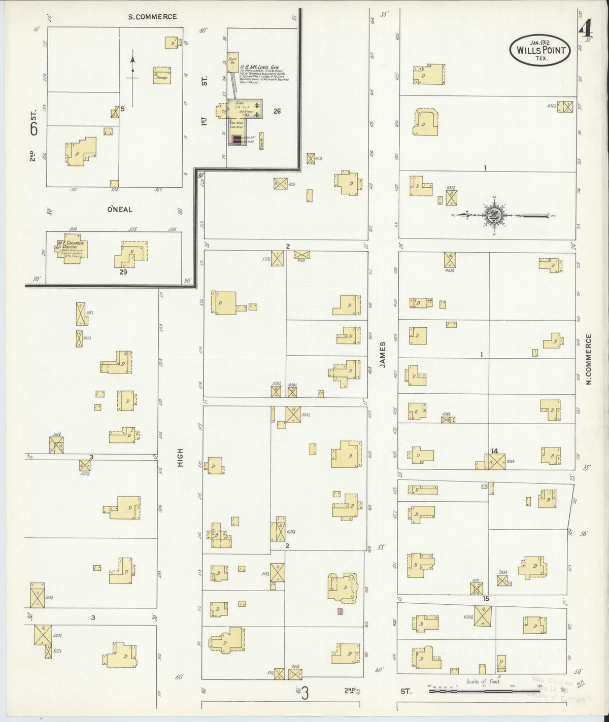 Sanborn Fire Insurance Map from Wills Point, Van Zandt County, Texas (1912), Sheet #0004 - Complete Map Set gallery image, historic Sanborn map, vintage wall art, Texas Texas