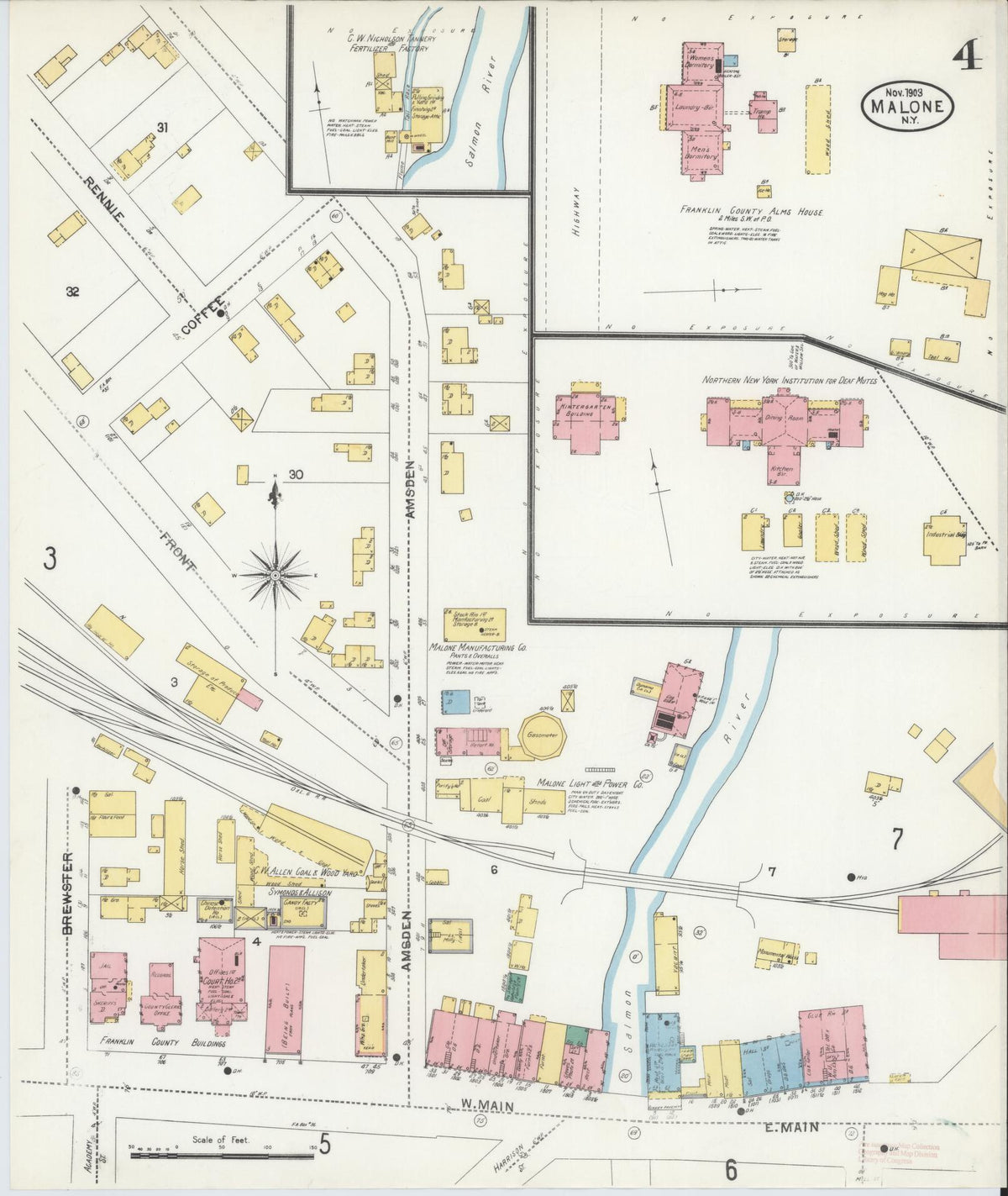 Sanborn Fire Insurance Map from Malone, Franklin County, New York (1903), Sheet #0004 - Historic Sanborn Fire Insurance Map Print, vintage old map wall art, antique decor, genealogy gift, New York New York map