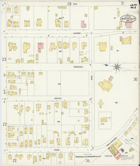 Sanborn Fire Insurance Map from Winston-Salem, Forsyth County, North Carolina (1907), Sheet #0027 - Historic Sanborn Fire Insurance Map Print, vintage old map wall art, antique decor, genealogy gift, North Carolina North Carolina map