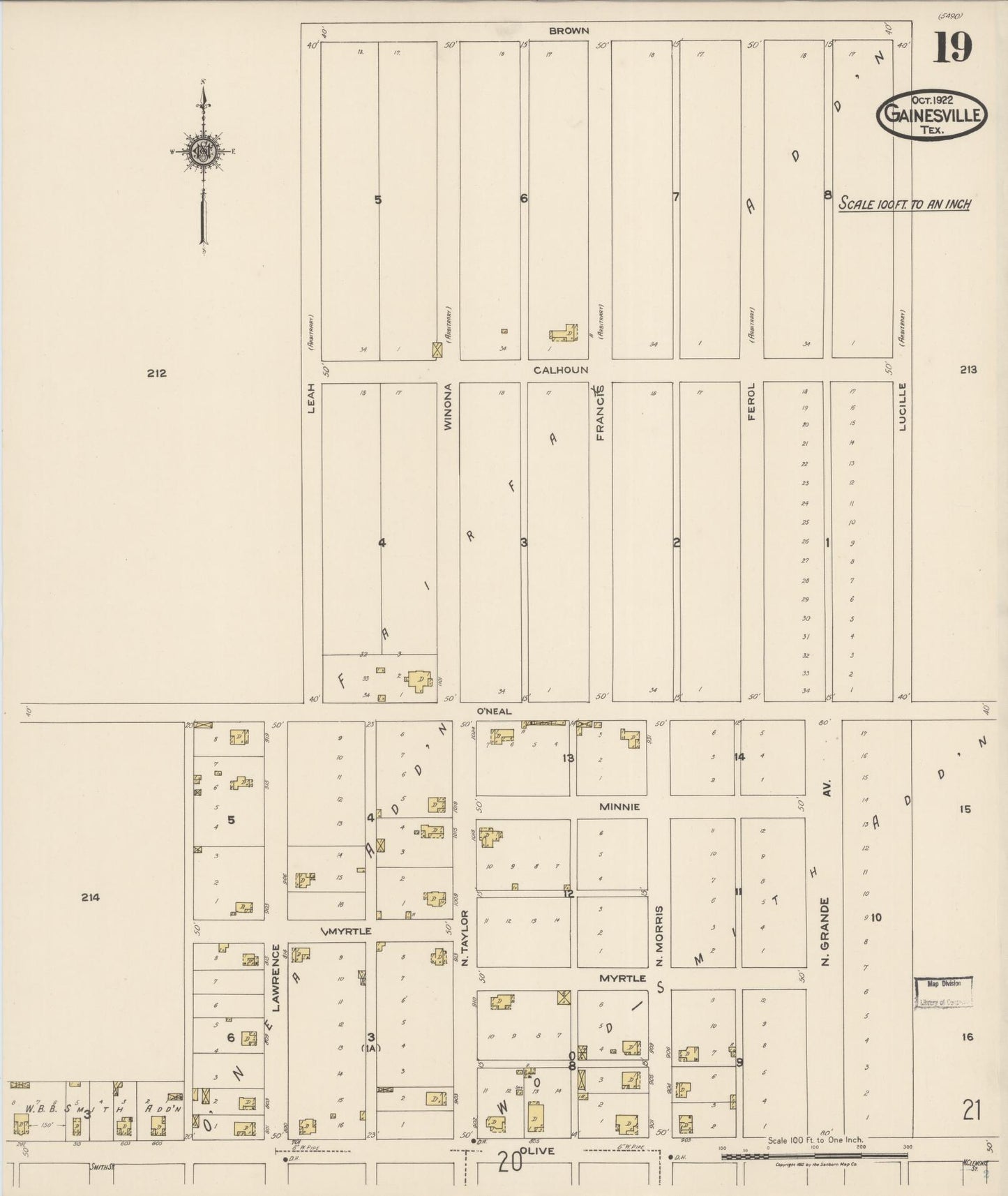 Sanborn Fire Insurance Map from Gainesville, Cooke County, Texas (1922), Sheet #0019 - Historic Sanborn Fire Insurance Map Print, vintage old map wall art, antique decor, genealogy gift, Texas Texas map