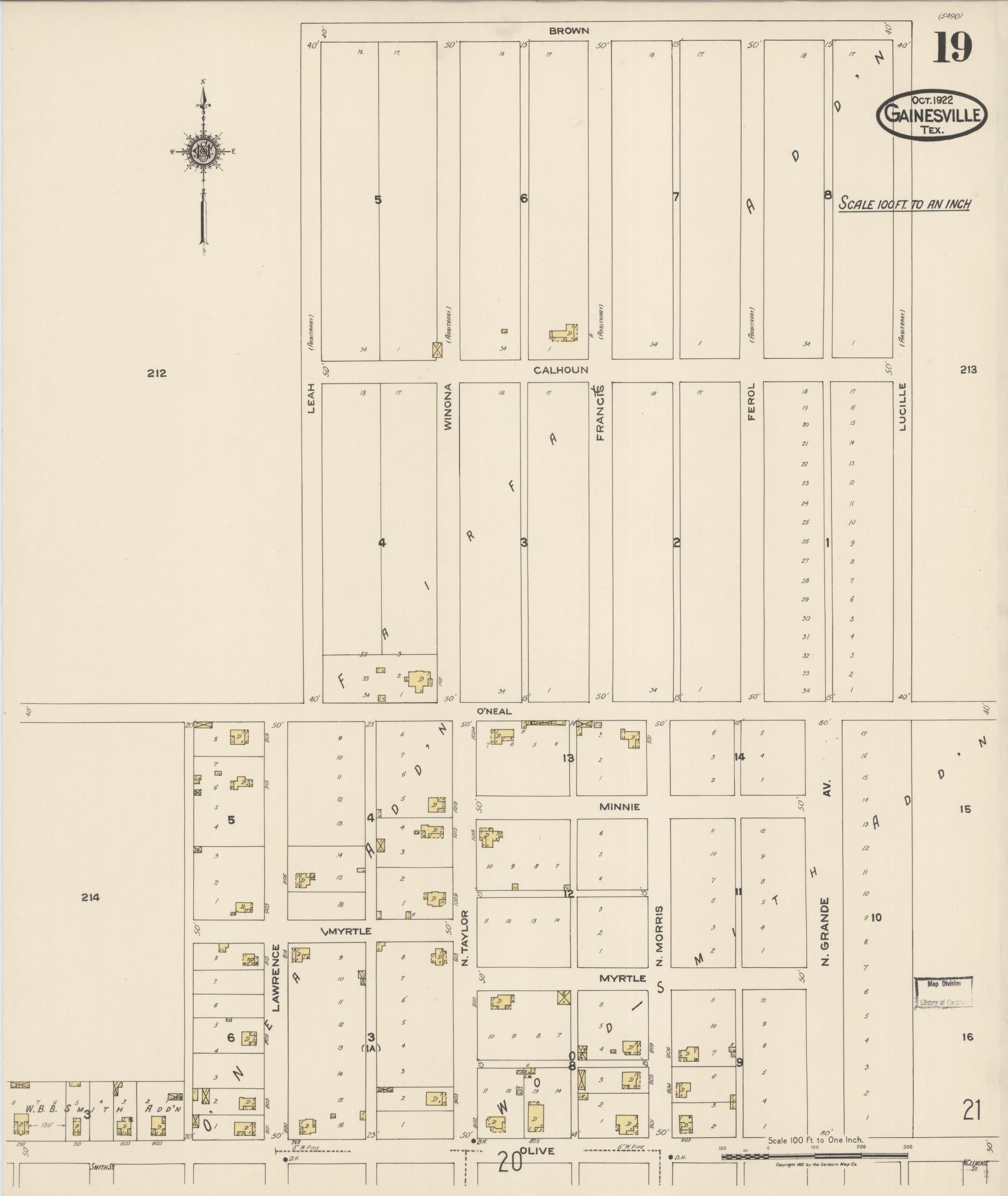 Sanborn Fire Insurance Map from Gainesville, Cooke County, Texas (1922), Sheet #0019 - Historic Sanborn Fire Insurance Map Print, vintage old map wall art, antique decor, genealogy gift, Texas Texas map