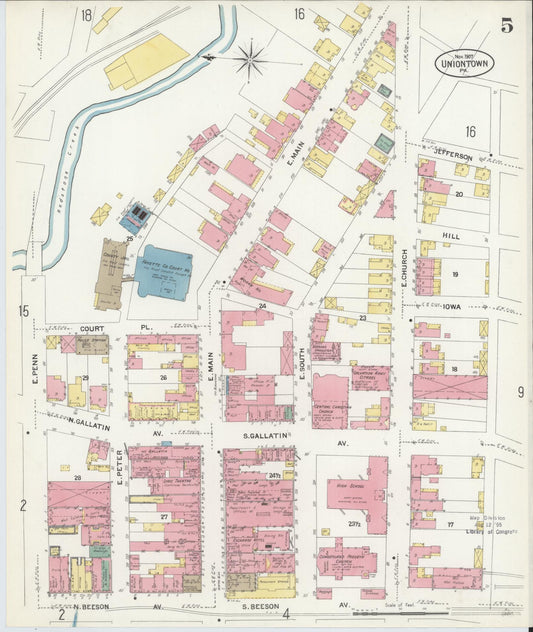 Sanborn Fire Insurance Map from Uniontown, Fayette County, Pennsylvania (1907), Sheet #0005 - Historic Sanborn Fire Insurance Map Print, vintage old map wall art, antique decor, genealogy gift, Pennsylvania Pennsylvania map