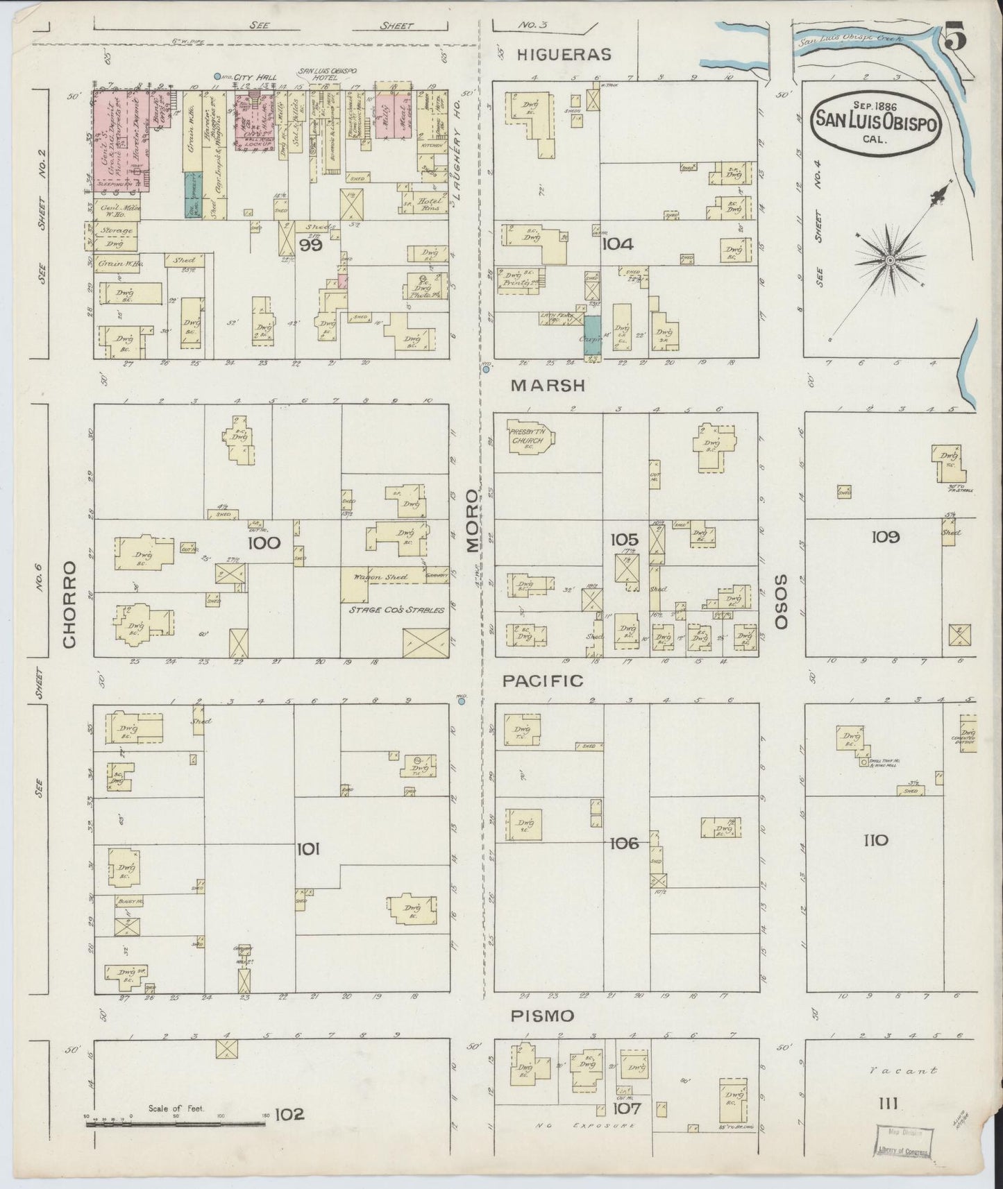 Sanborn Fire Insurance Map from San Luis Obispo, San Luis Obispo County, California (1886), Sheet #0005 - Complete Map Set gallery image, historic Sanborn map, vintage wall art, California California