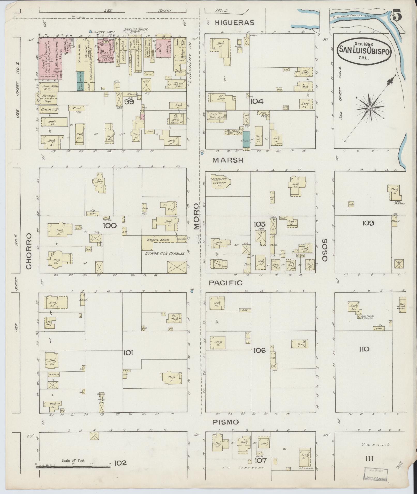 Sanborn Fire Insurance Map from San Luis Obispo, San Luis Obispo County, California (1886), Sheet #0005 - Complete Map Set gallery image, historic Sanborn map, vintage wall art, California California