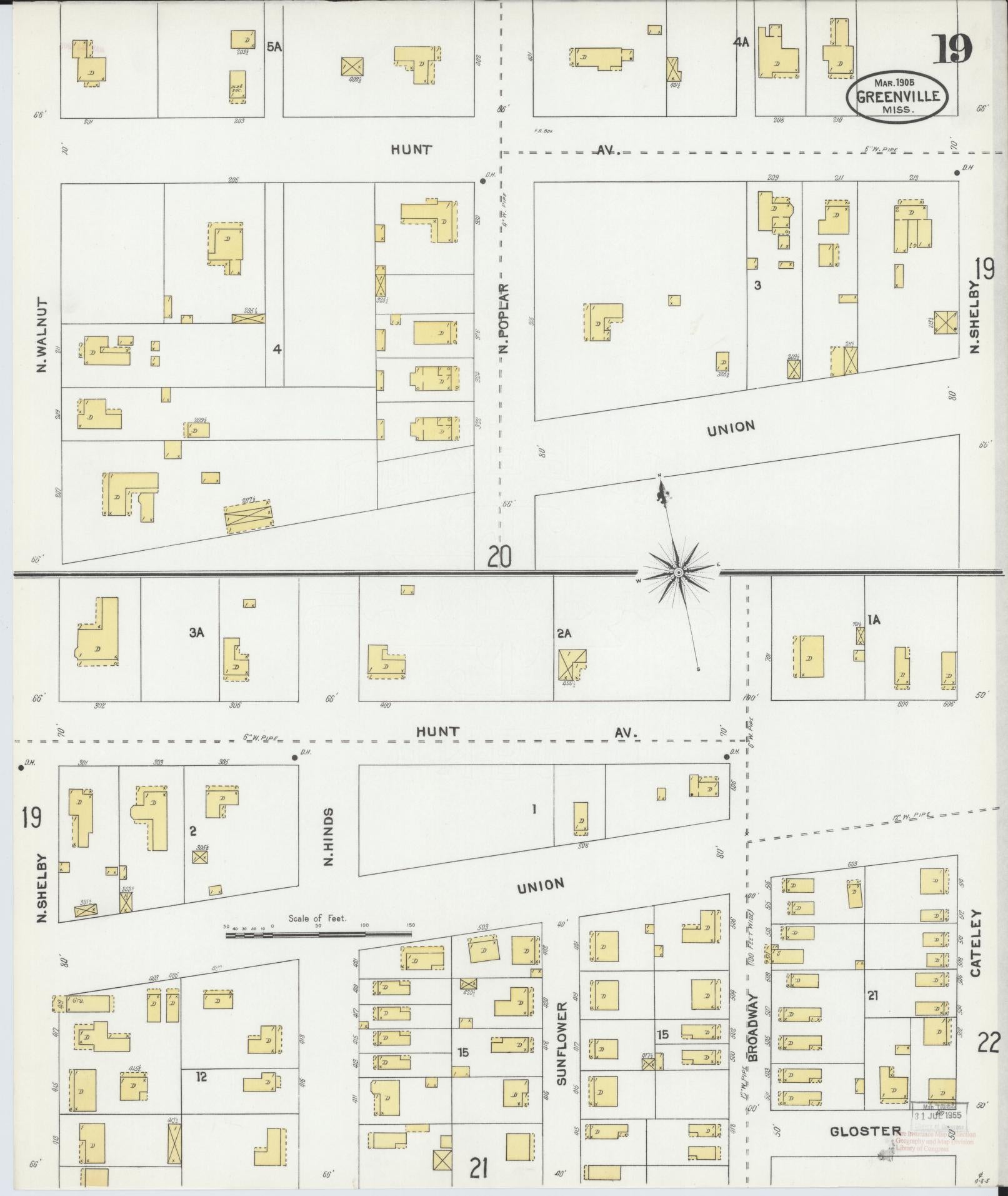 Sanborn Fire Insurance Map from Greenville, Washington County, Mississippi (1905), Sheet #0019 - Historic Sanborn Fire Insurance Map Print, vintage old map wall art, antique decor, genealogy gift, Mississippi Mississippi map