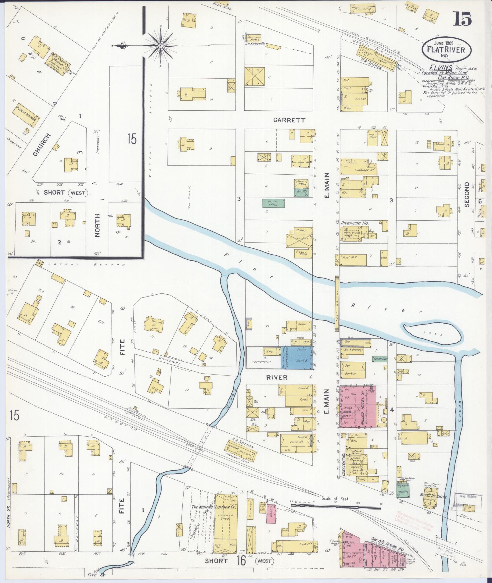 Sanborn Fire Insurance Map from Flat River, Saint Francois County, Missouri (1908), Sheet #0015 - Complete Map Set gallery image, historic Sanborn map, vintage wall art, Missouri Missouri