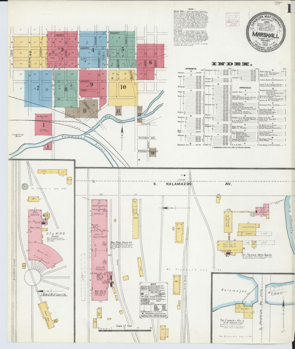 Sanborn Fire Insurance Map from Marshall, Calhoun County, Michigan (1906), Sheet #0001 - Historic Sanborn Fire Insurance Map Print, vintage old map wall art, antique decor, genealogy gift, Michigan Michigan map