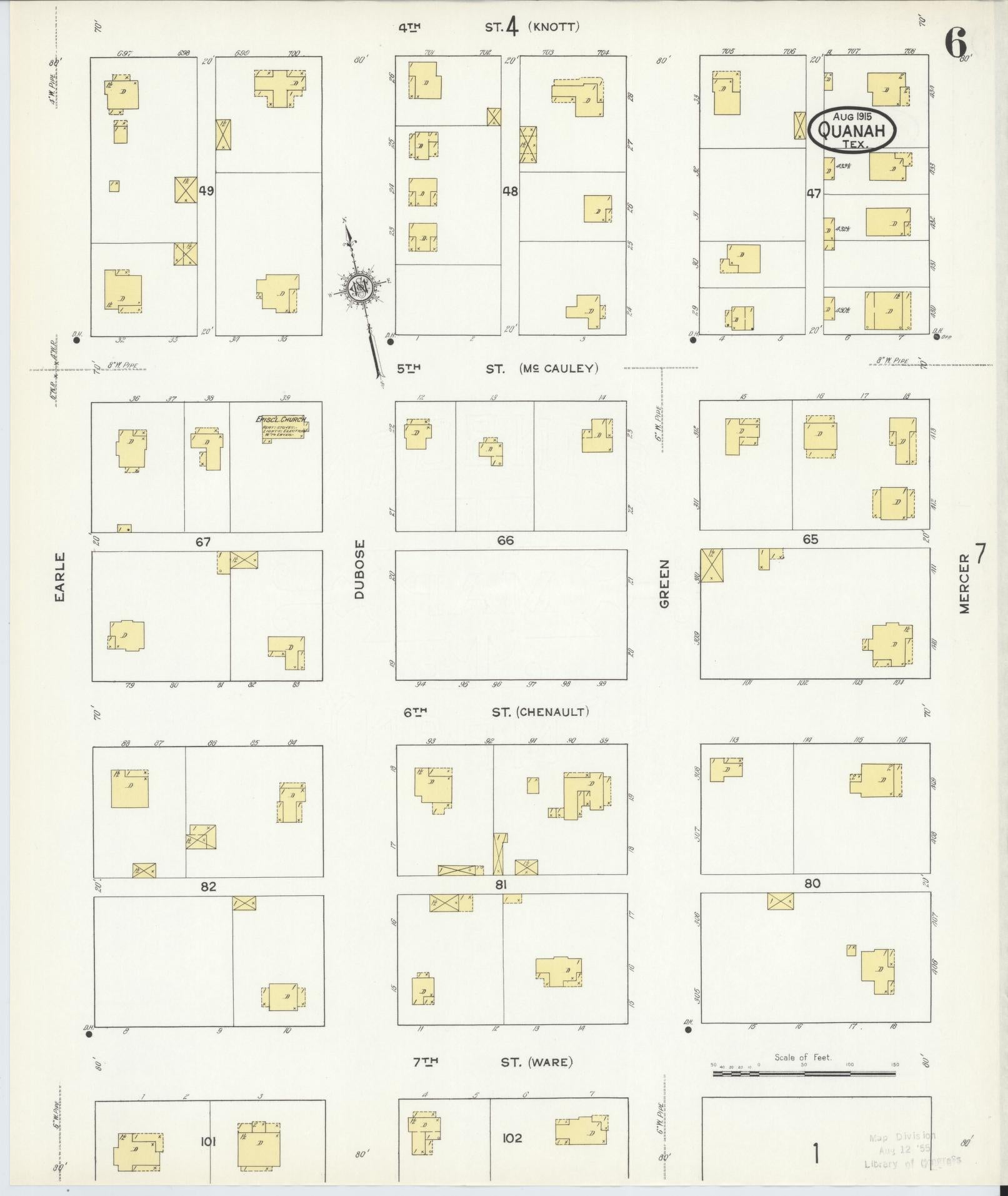 Sanborn Fire Insurance Map from Quanah, Hardeman County, Texas (1915), Sheet #0006 - Historic Sanborn Fire Insurance Map Print, vintage old map wall art, antique decor, genealogy gift, Texas Texas map