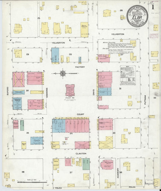 Sanborn Fire Insurance Map from Elba, Coffee County, Alabama (1910), Sheet #0001 - Complete Map Set gallery image, historic Sanborn map, vintage wall art, Alabama Alabama