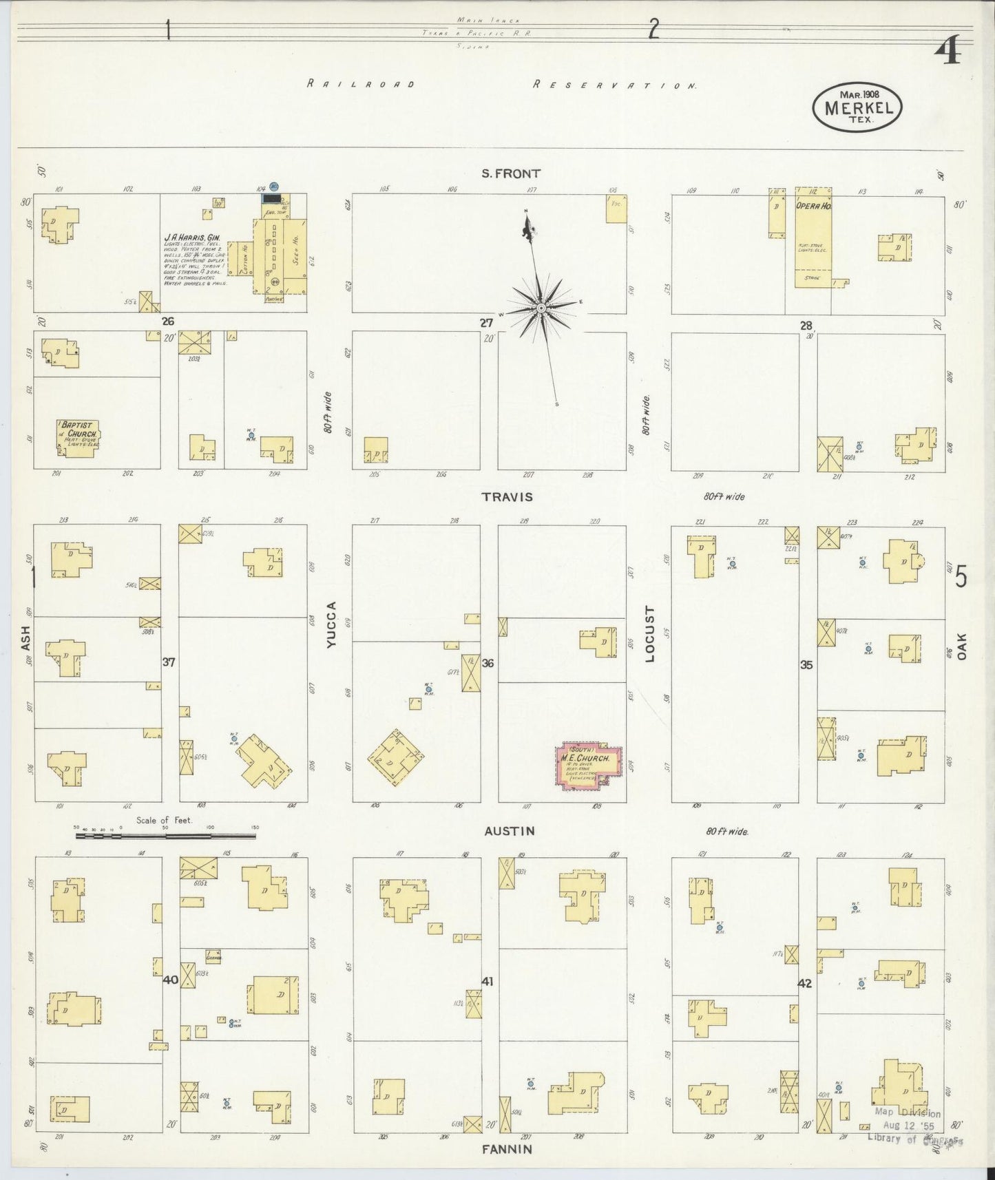 Sanborn Fire Insurance Map from Merkel, Taylor County, Texas (1908), Sheet #0004 - Historic Sanborn Fire Insurance Map Print, vintage old map wall art, antique decor, genealogy gift, Texas Texas map