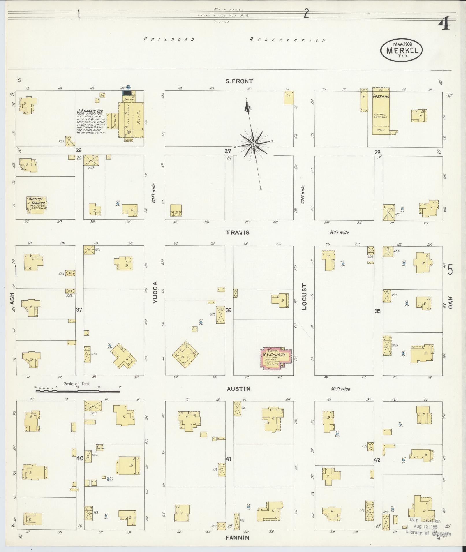 Sanborn Fire Insurance Map from Merkel, Taylor County, Texas (1908), Sheet #0004 - Historic Sanborn Fire Insurance Map Print, vintage old map wall art, antique decor, genealogy gift, Texas Texas map