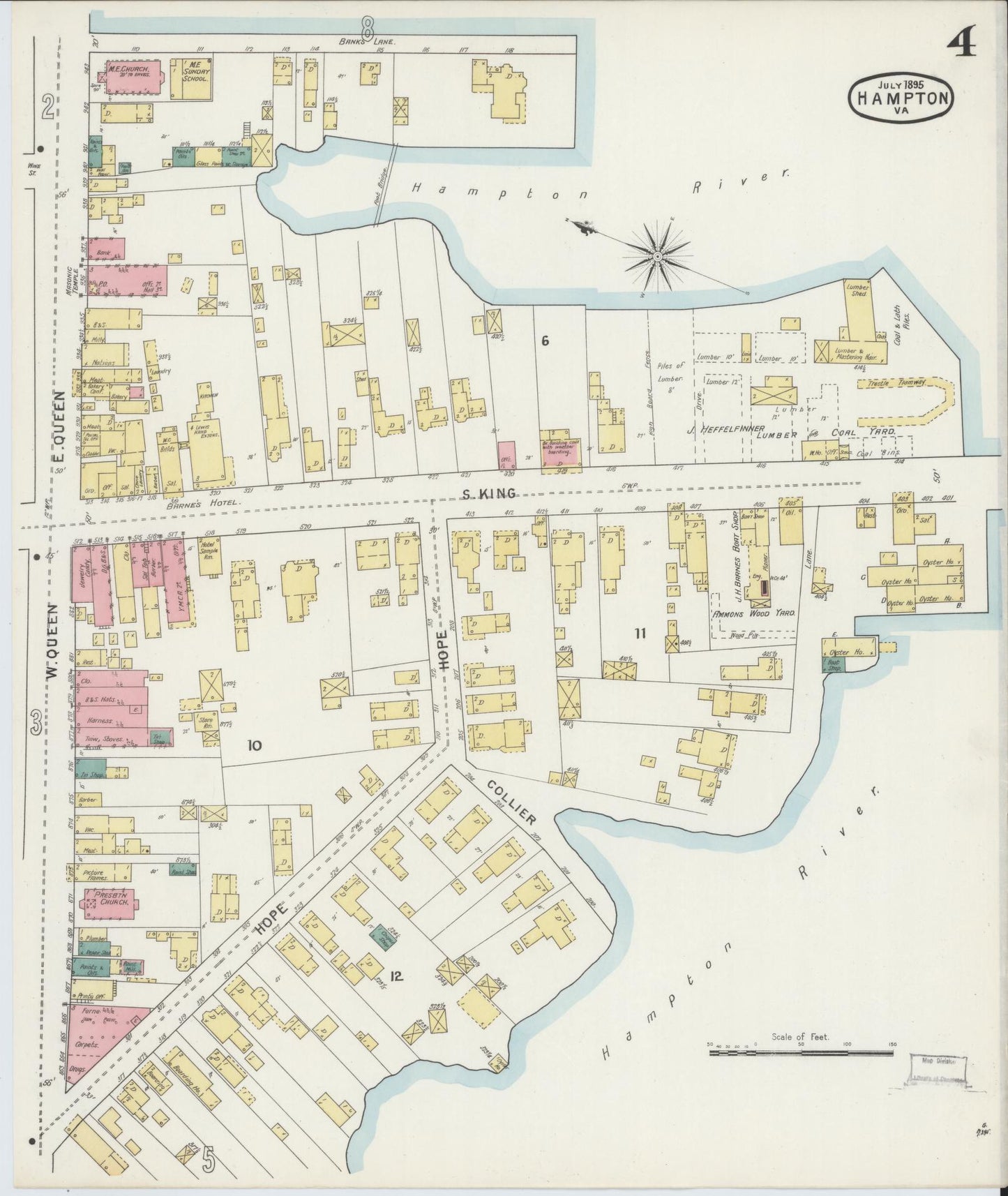 Sanborn Fire Insurance Map from Hampton, Independent Cities, Virginia (1895), Sheet #0004 - Complete Map Set gallery image, historic Sanborn map, vintage wall art, Virginia Virginia
