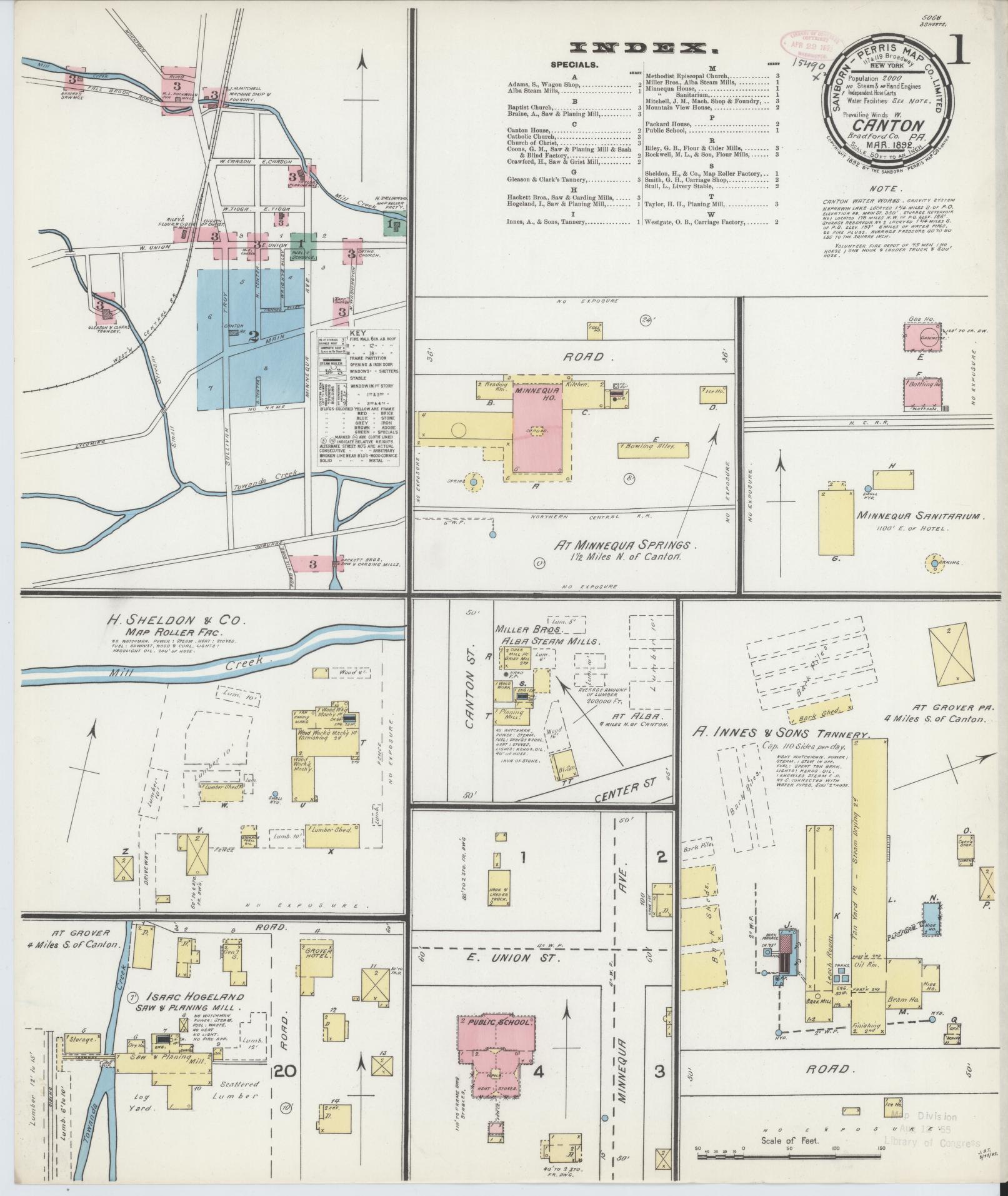 Sanborn Fire Insurance Map from Canton, Bradford County, Pennsylvania (1892), Sheet #0001 - Historic Sanborn Fire Insurance Map Print, vintage old map wall art, antique decor, genealogy gift, Pennsylvania Pennsylvania map