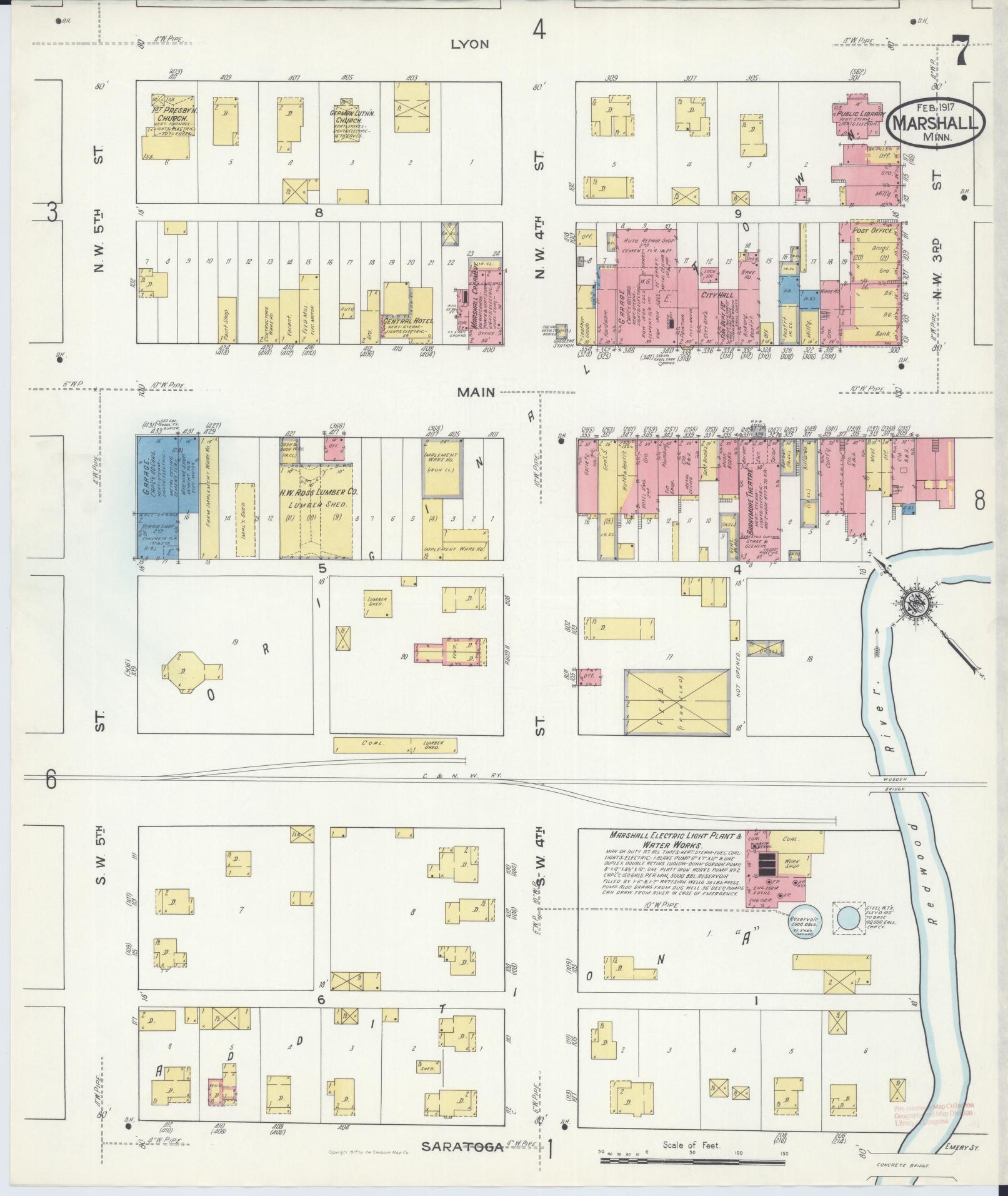 Sanborn Fire Insurance Map from Marshall, Lyon County, Minnesota (1917), Sheet #0007 - Historic Sanborn Fire Insurance Map Print, vintage old map wall art, antique decor, genealogy gift, Minnesota Minnesota map