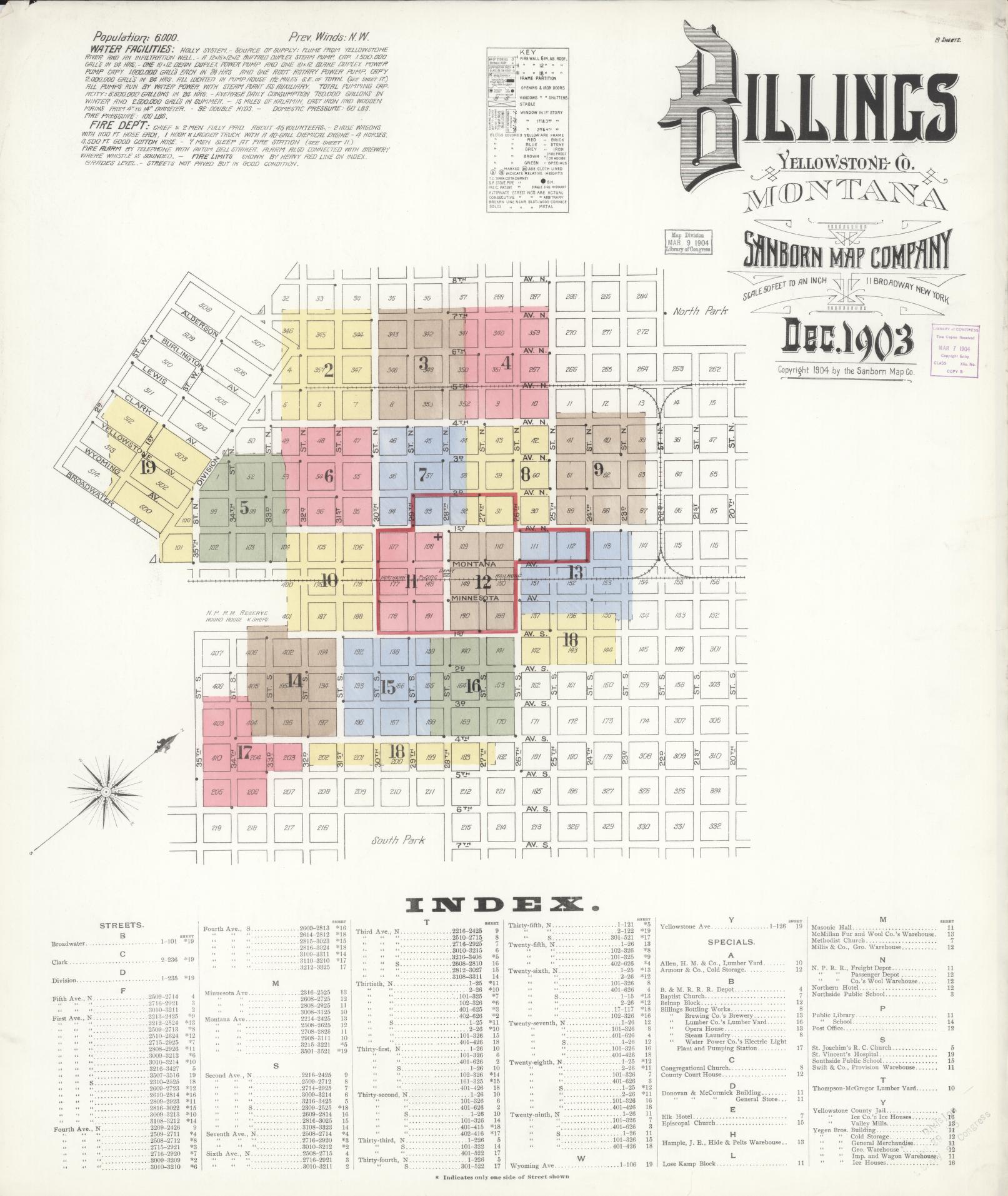 Sanborn Fire Insurance Map from Billings, Yellowstone County, Montana (1903), Sheet #0001 - Historic Sanborn Fire Insurance Map Print, vintage old map wall art, antique decor, genealogy gift, Montana Montana map