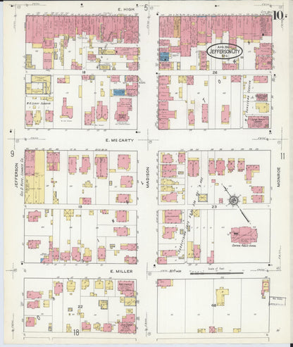 Sanborn Fire Insurance Map from Jefferson City, Cole County, Missouri (1916), Sheet #0010 - Historic Sanborn Fire Insurance Map Print, vintage old map wall art, antique decor, genealogy gift, Missouri Missouri map