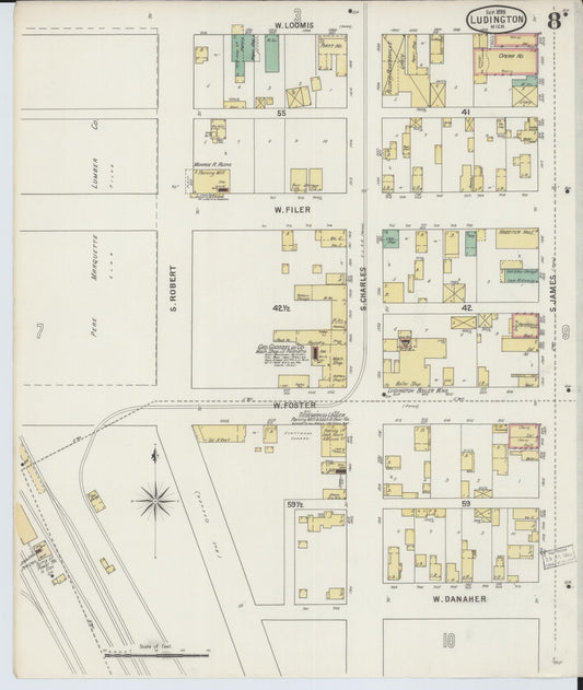 Sanborn Fire Insurance Map from Ludington, Mason County, Michigan (1895), Sheet #0008 - Historic Sanborn Fire Insurance Map Print, vintage old map wall art, antique decor, genealogy gift, Michigan Michigan map