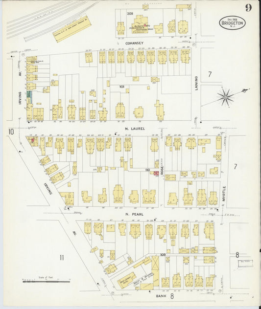 Sanborn Fire Insurance Map from Bridgeton, Cumberland County, New Jersey (1908), Sheet #0009 - Historic Sanborn Fire Insurance Map Print, vintage old map wall art, antique decor, genealogy gift, New Jersey New Jersey map