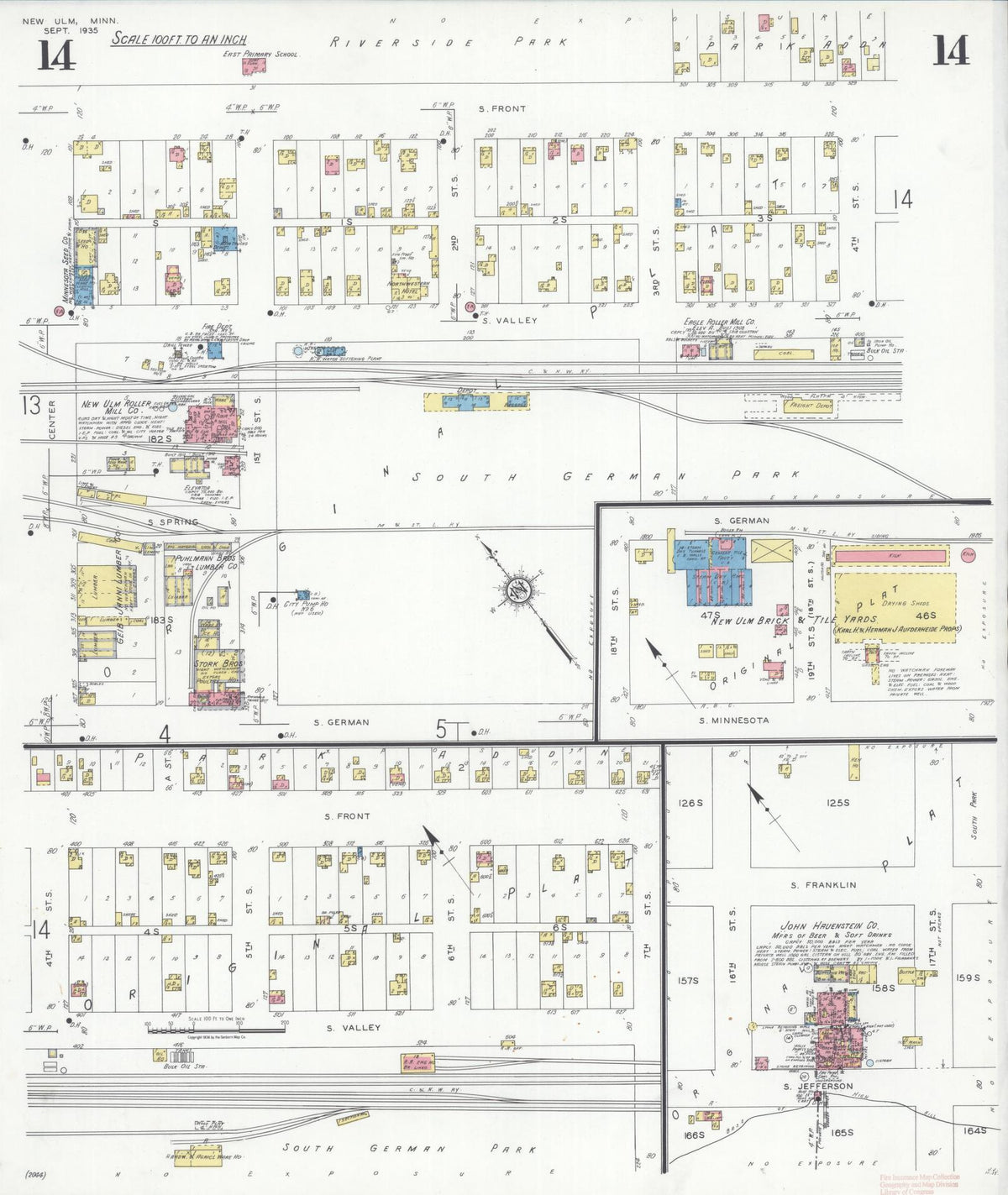 Sanborn Fire Insurance Map from New Ulm, Brown County, Minnesota (1935), Sheet #0014 - Historic Sanborn Fire Insurance Map Print, vintage old map wall art, antique decor, genealogy gift, Minnesota Minnesota map