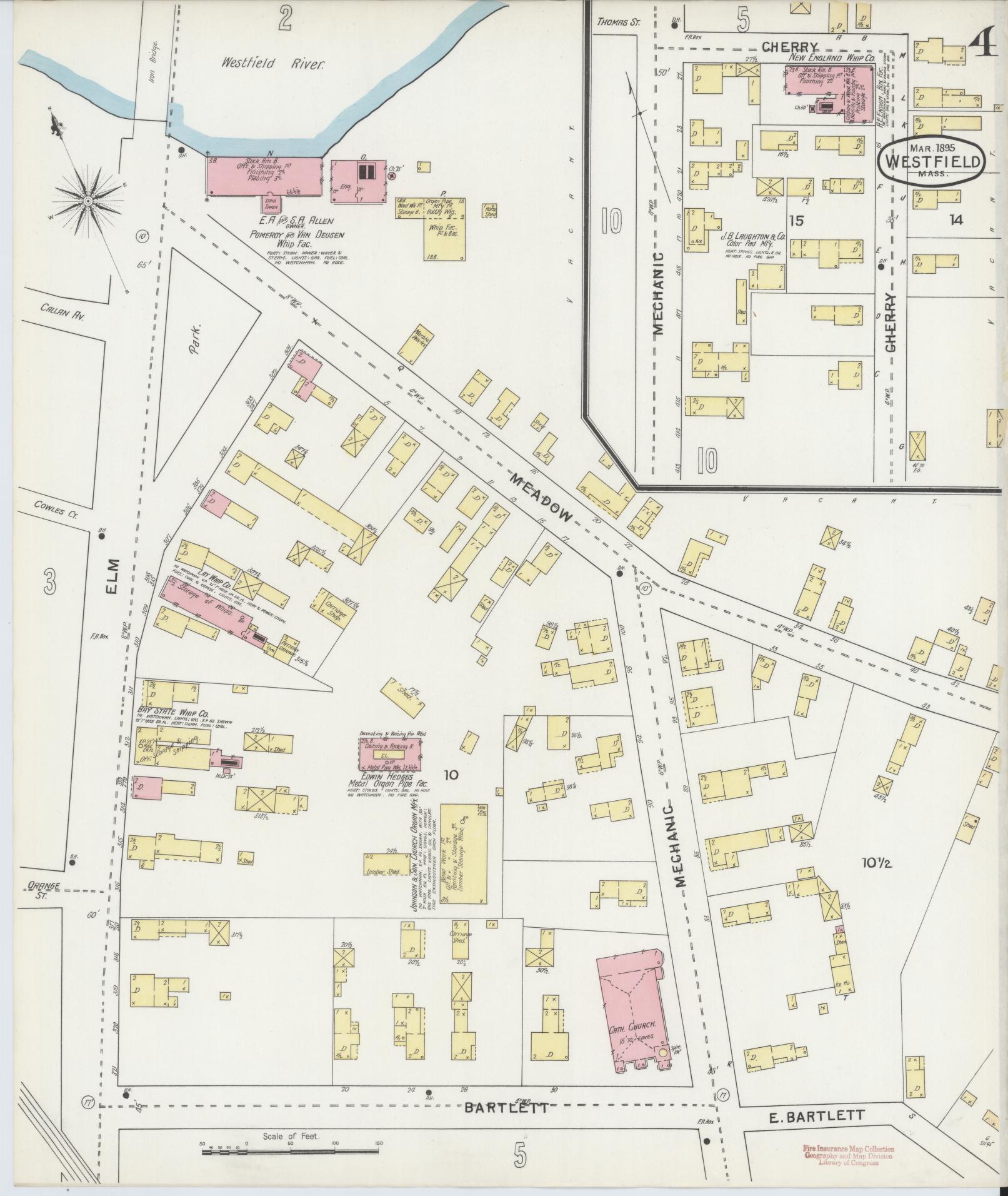 Sanborn Fire Insurance Map from Westfield, Hampden County, Massachusetts (1895), Sheet #0004 - Historic Sanborn Fire Insurance Map Print, vintage old map wall art, antique decor, genealogy gift, Massachusetts Massachusetts map