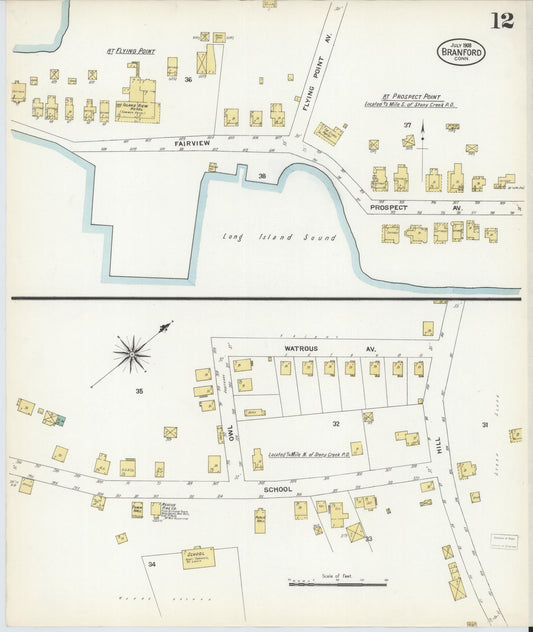 Sanborn Fire Insurance Map from Branford, New Haven County, Connecticut (1908), Sheet #0012 - Historic Sanborn Fire Insurance Map Print, vintage old map wall art, antique decor, genealogy gift, Connecticut Connecticut map