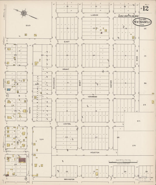Sanborn Fire Insurance Map from New Braunfels, Comal County, Texas (1922), Sheet #0012 - Historic Sanborn Fire Insurance Map Print, vintage old map wall art, antique decor, genealogy gift, Texas Texas map