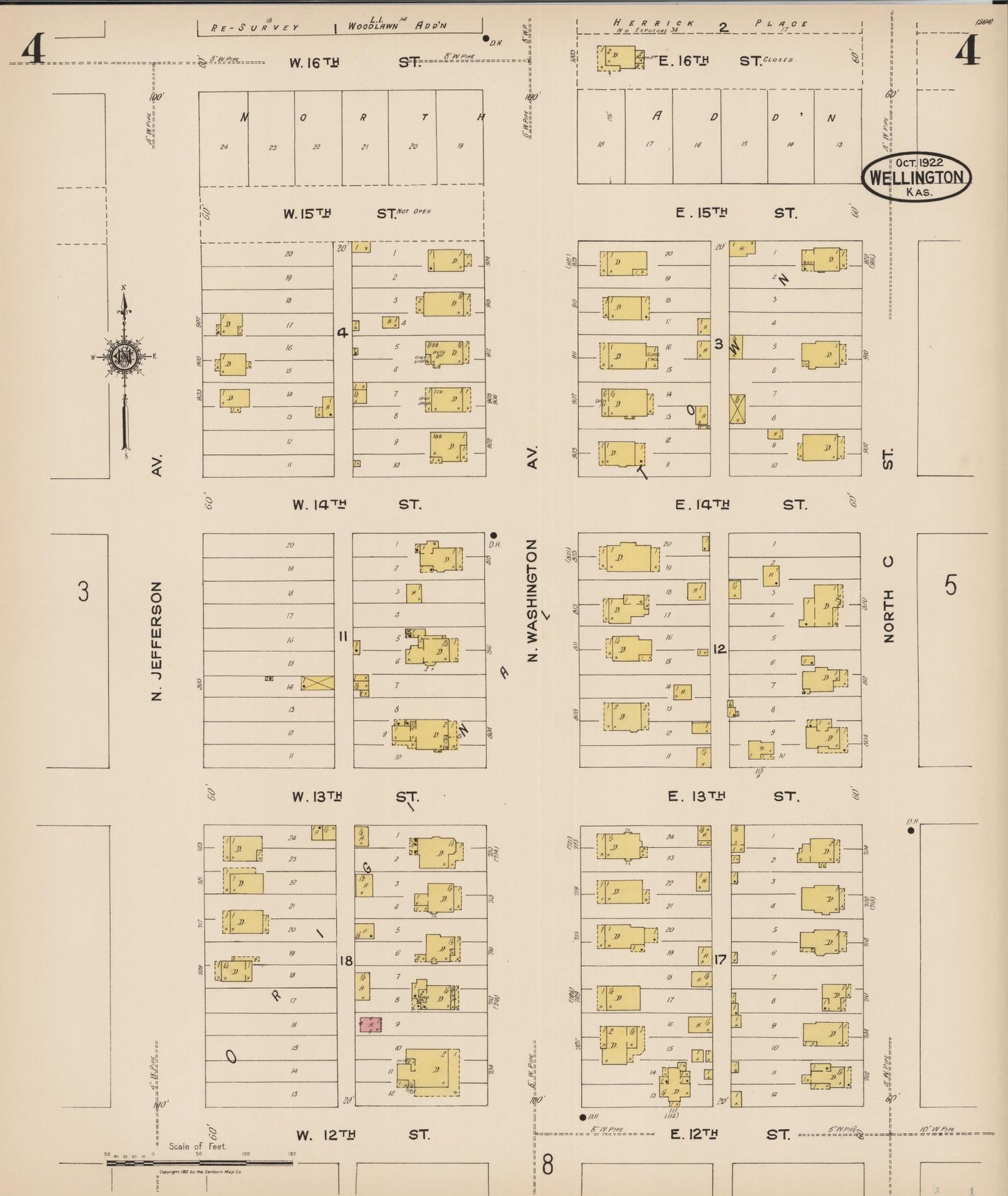 Sanborn Fire Insurance Map from Wellington, Sumner County, Kansas (1922), Sheet #0004 - Complete Map Set gallery image, historic Sanborn map, vintage wall art, Kansas Kansas