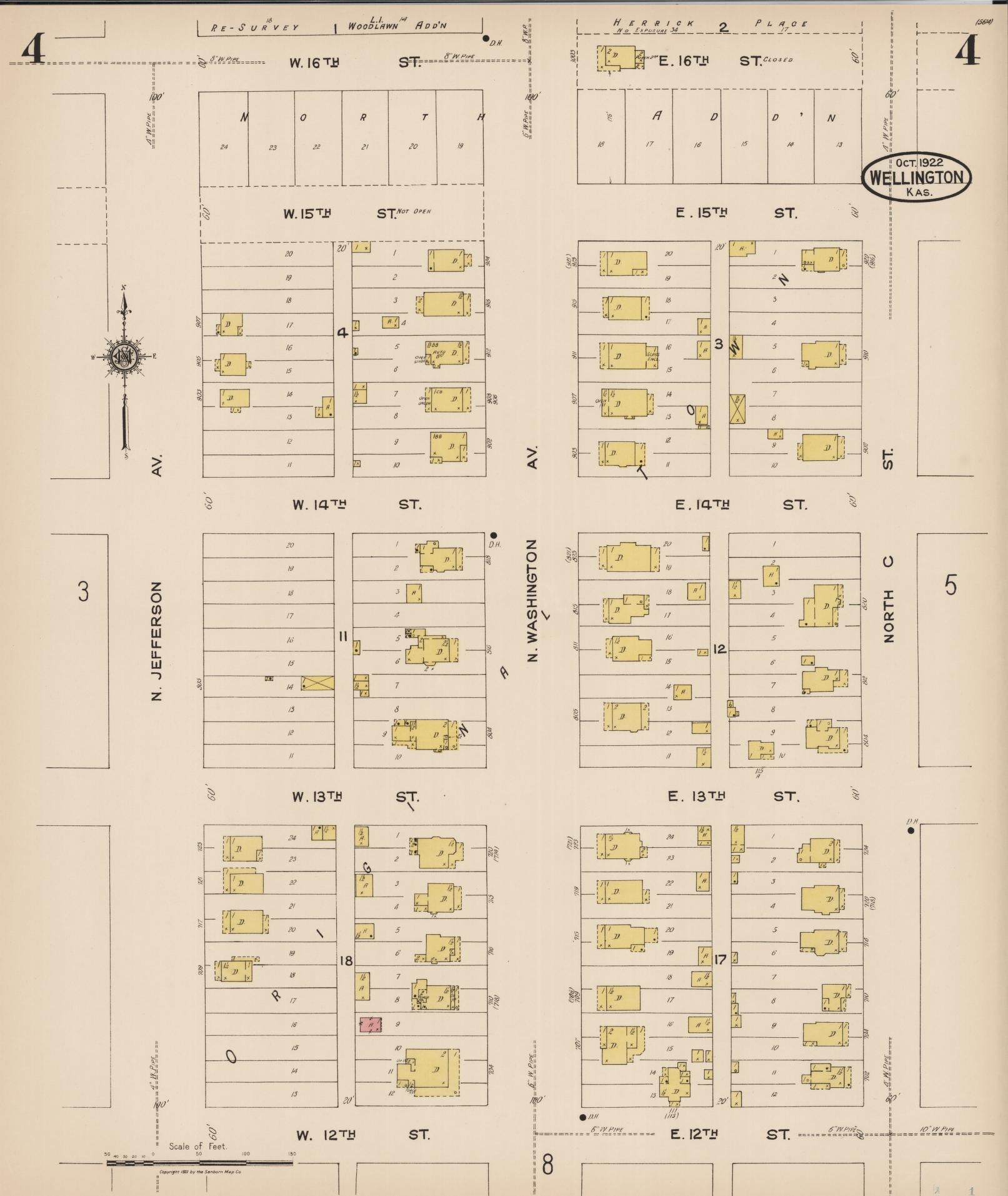 Sanborn Fire Insurance Map from Wellington, Sumner County, Kansas (1922), Sheet #0004 - Complete Map Set gallery image, historic Sanborn map, vintage wall art, Kansas Kansas