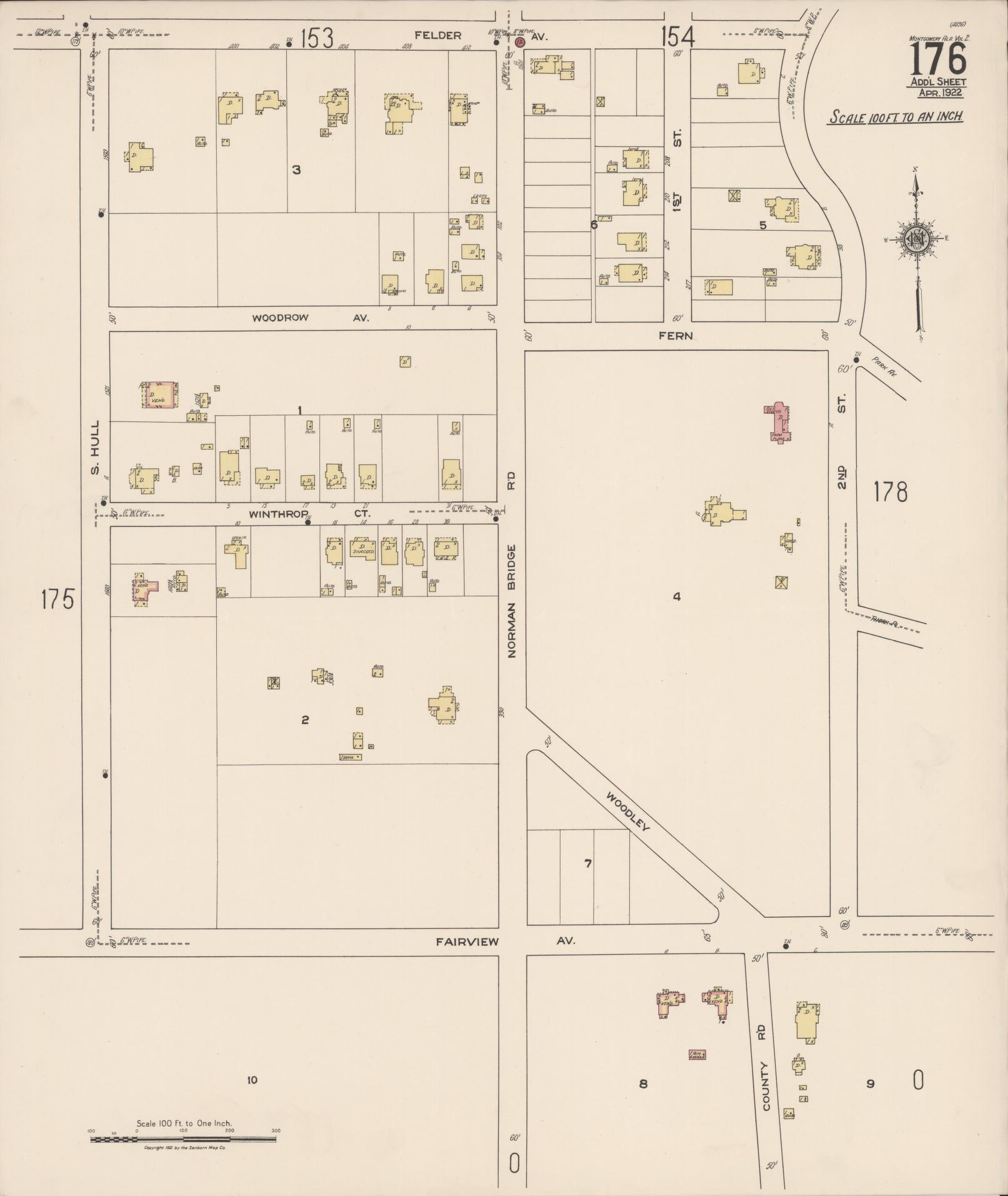Sanborn Fire Insurance Map from Montgomery, Montgomery County, Alabama (1922), Sheet #0176 - Historic Sanborn Fire Insurance Map Print, vintage old map wall art, antique decor, genealogy gift, Alabama Alabama map