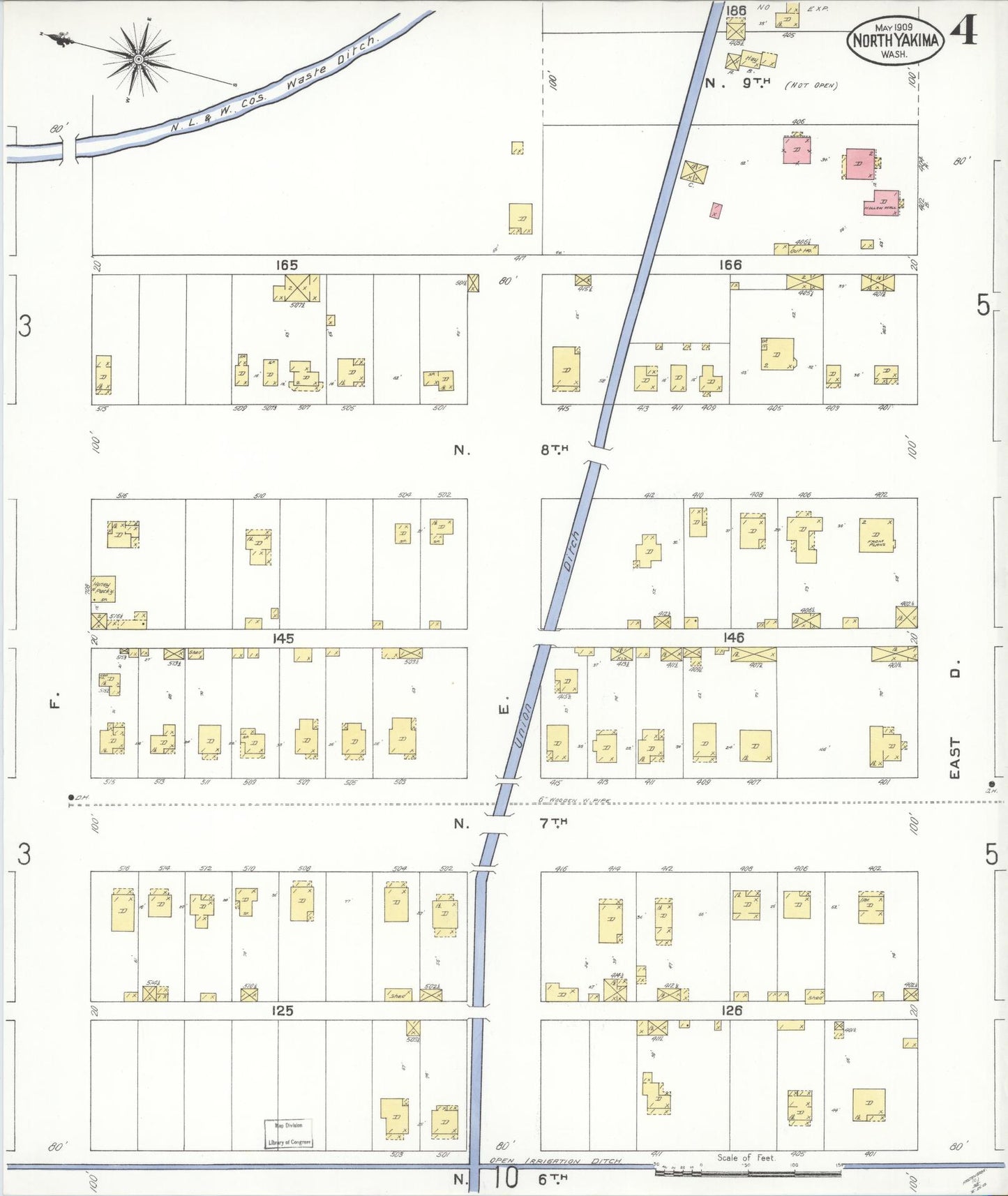 Sanborn Fire Insurance Map from North Yakima, Yakima County, Washington (1909), Sheet #0004 - Historic Sanborn Fire Insurance Map Print, vintage old map wall art, antique decor, genealogy gift, Washington Washington map