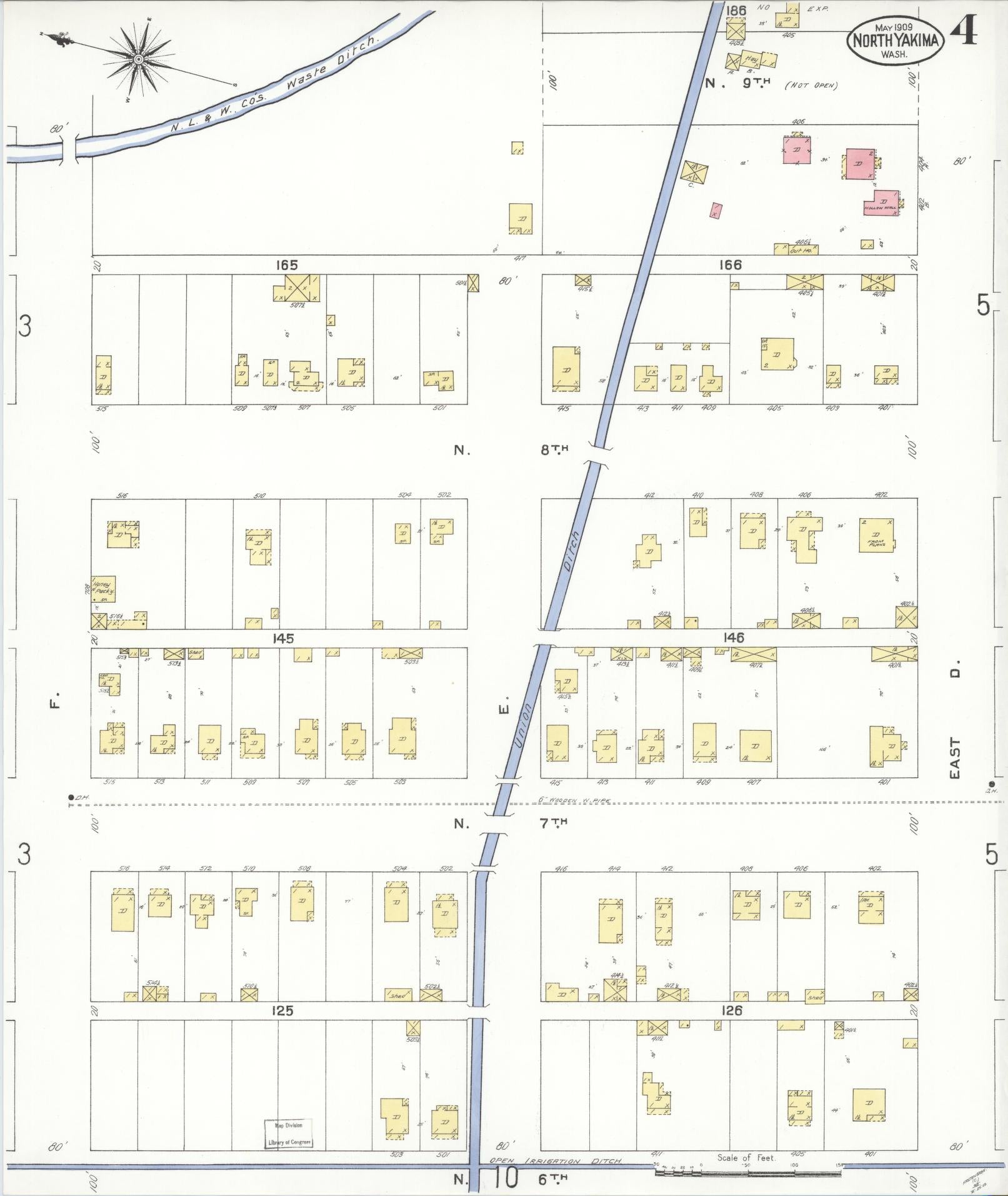 Sanborn Fire Insurance Map from North Yakima, Yakima County, Washington (1909), Sheet #0004 - Historic Sanborn Fire Insurance Map Print, vintage old map wall art, antique decor, genealogy gift, Washington Washington map