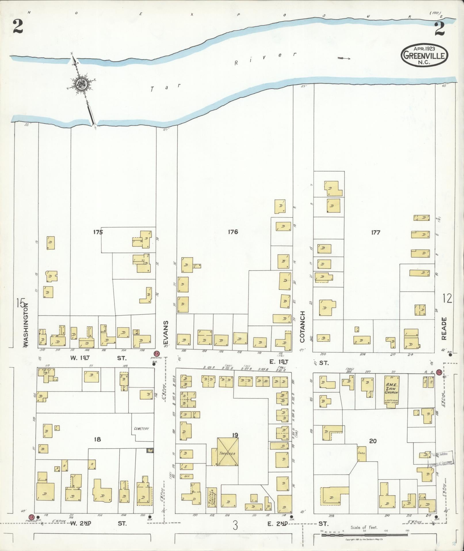 Sanborn Fire Insurance Map from Greenville, Pitt County, North Carolina (1923), Sheet #0002 - Historic Sanborn Fire Insurance Map Print, vintage old map wall art, antique decor, genealogy gift, North Carolina North Carolina map