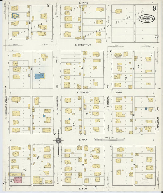 Sanborn Fire Insurance Map from Chanute, Neosho County, Kansas (1916), Sheet #0009 - Historic Sanborn Fire Insurance Map Print, vintage old map wall art, antique decor, genealogy gift, Kansas Kansas map