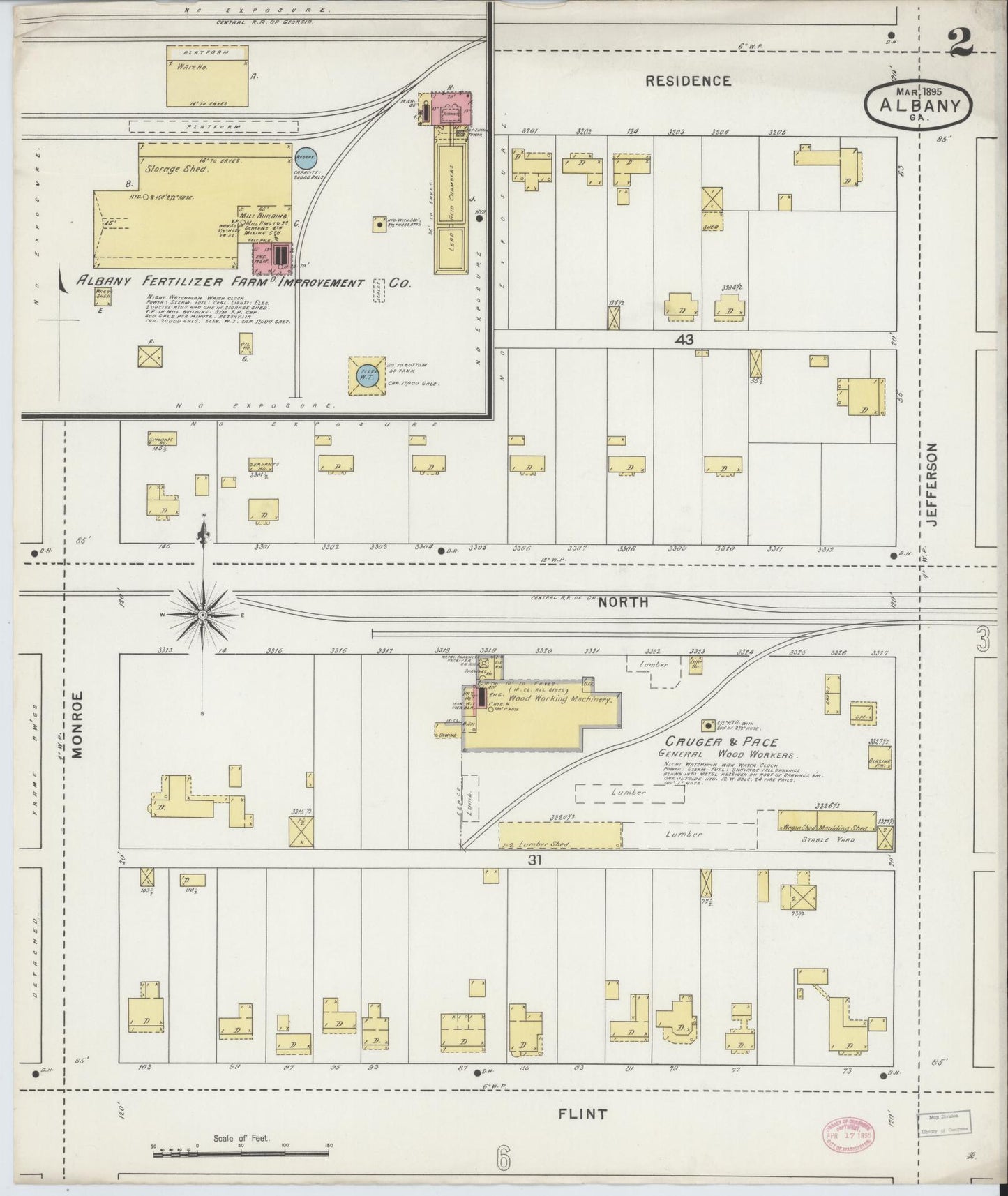 Sanborn Fire Insurance Map from Albany, Dougherty County, Georgia (1895), Sheet #0002 - Historic Sanborn Fire Insurance Map Print, vintage old map wall art, antique decor, genealogy gift, Georgia Georgia map