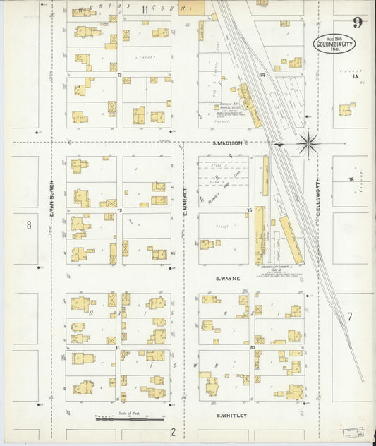 Sanborn Fire Insurance Map from Columbia City, Whitley County, Indiana (1905), Sheet #0009 - Historic Sanborn Fire Insurance Map Print, vintage old map wall art, antique decor, genealogy gift, Indiana Indiana map