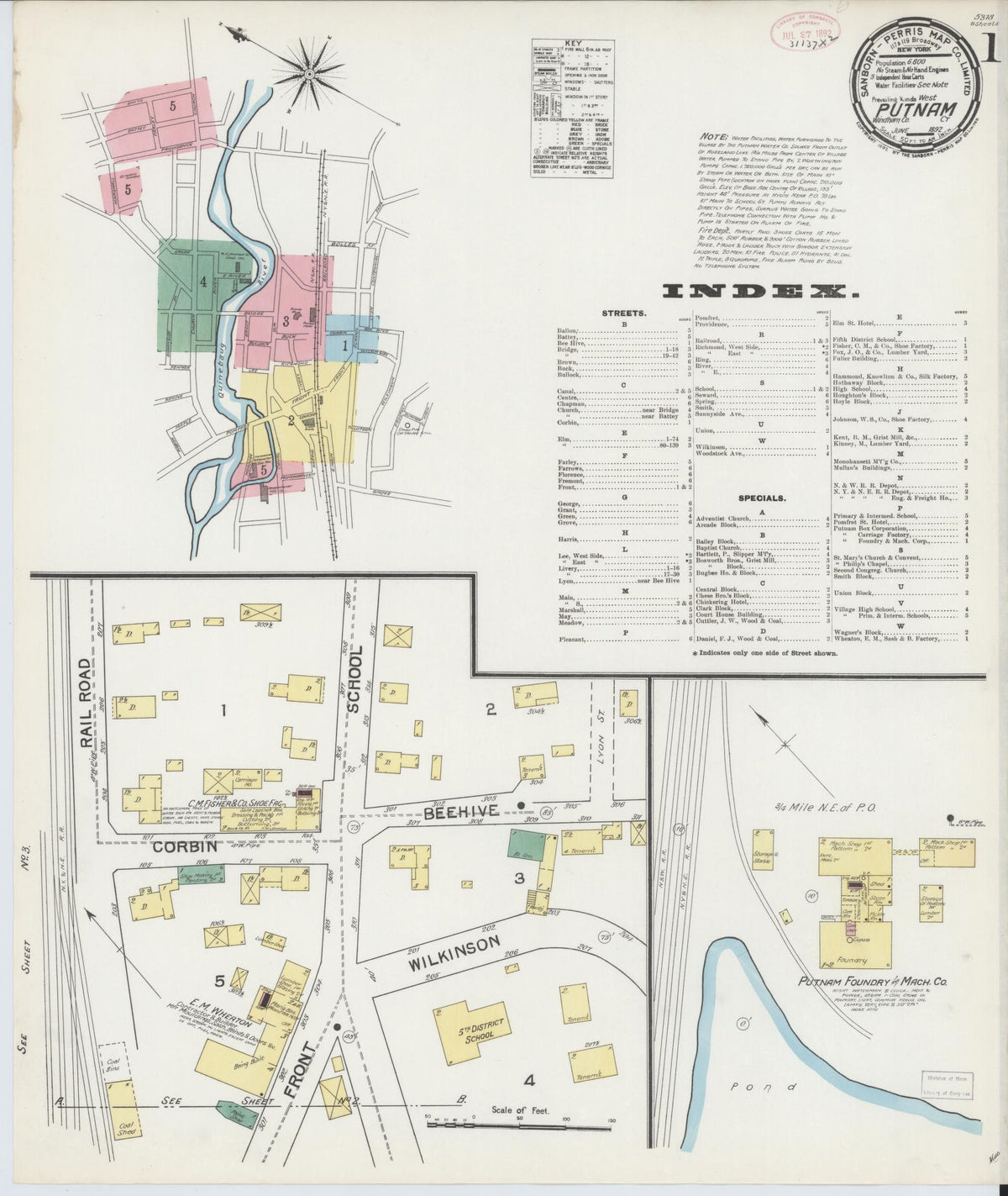 Sanborn Fire Insurance Map from Putnam, Windham County, Connecticut (1892), Sheet #0001 - Historic Sanborn Fire Insurance Map Print, vintage old map wall art, antique decor, genealogy gift, Connecticut Connecticut map