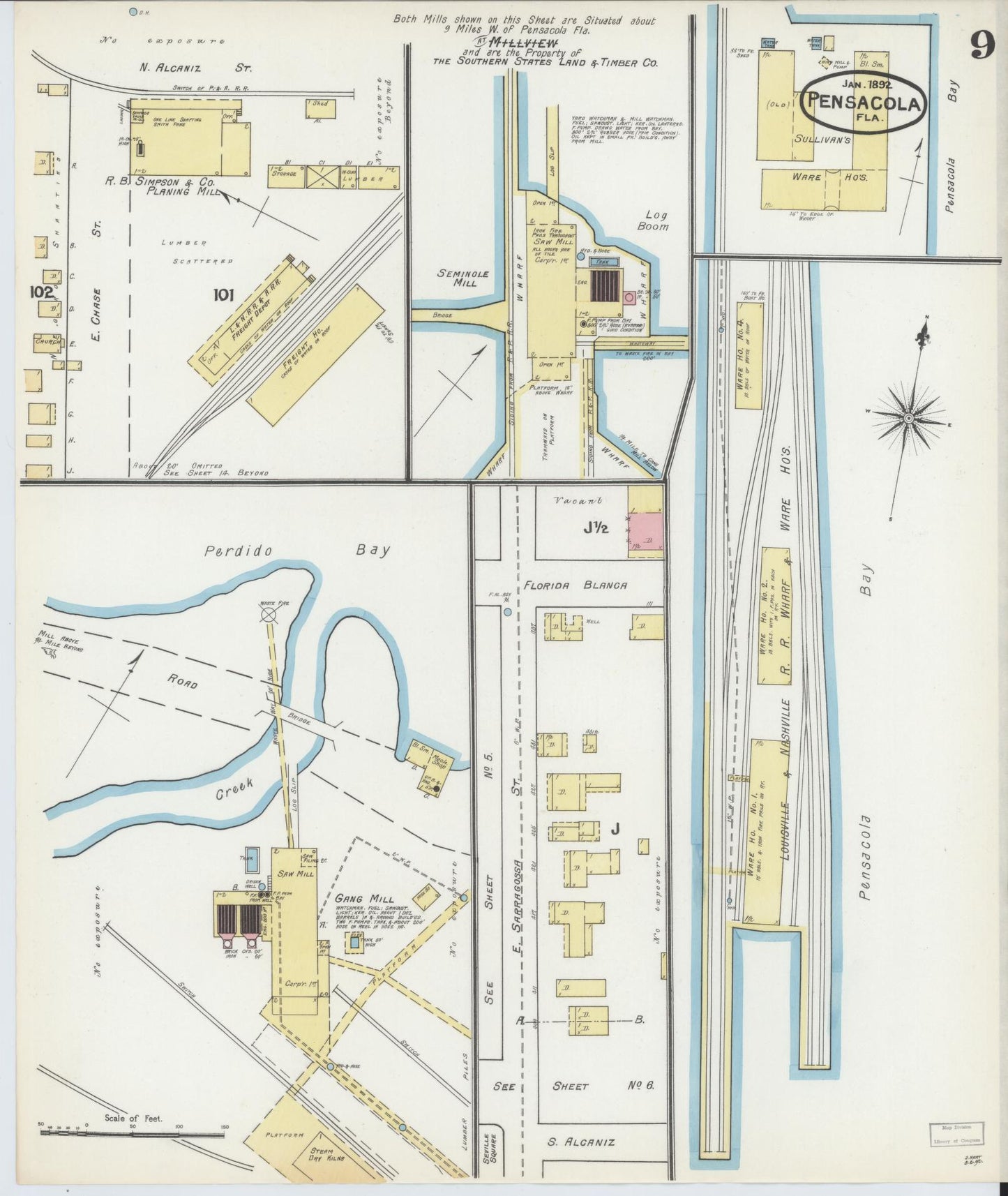 Sanborn Fire Insurance Map from Pensacola, Escambia County, Florida (1892), Sheet #0009 - Complete Map Set gallery image, historic Sanborn map, vintage wall art, Florida Florida