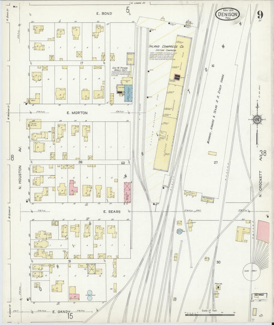 Sanborn Fire Insurance Map from Denison, Grayson County, Texas (1914), Sheet #0009 - Historic Sanborn Fire Insurance Map Print, vintage old map wall art, antique decor, genealogy gift, Texas Texas map