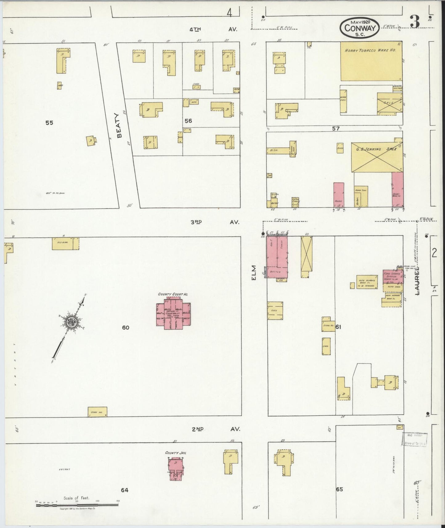Sanborn Fire Insurance Map from Conway, Horry County, South Carolina (1920), Sheet #0003 - Historic Sanborn Fire Insurance Map Print, vintage old map wall art, antique decor, genealogy gift, South Carolina South Carolina map