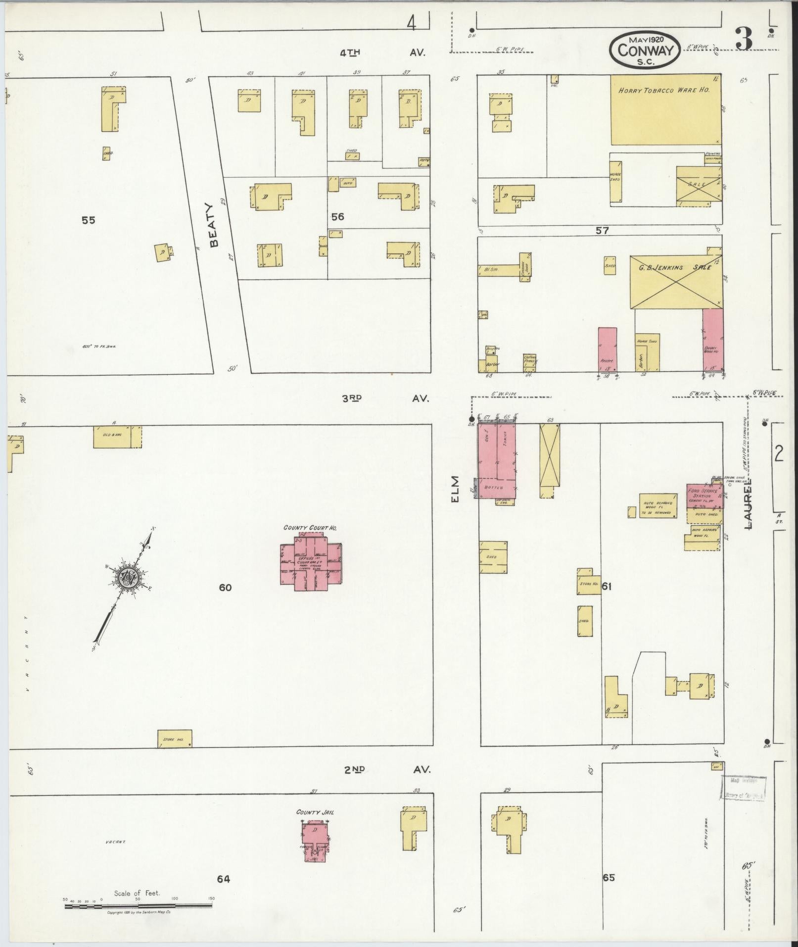 Sanborn Fire Insurance Map from Conway, Horry County, South Carolina (1920), Sheet #0003 - Historic Sanborn Fire Insurance Map Print, vintage old map wall art, antique decor, genealogy gift, South Carolina South Carolina map