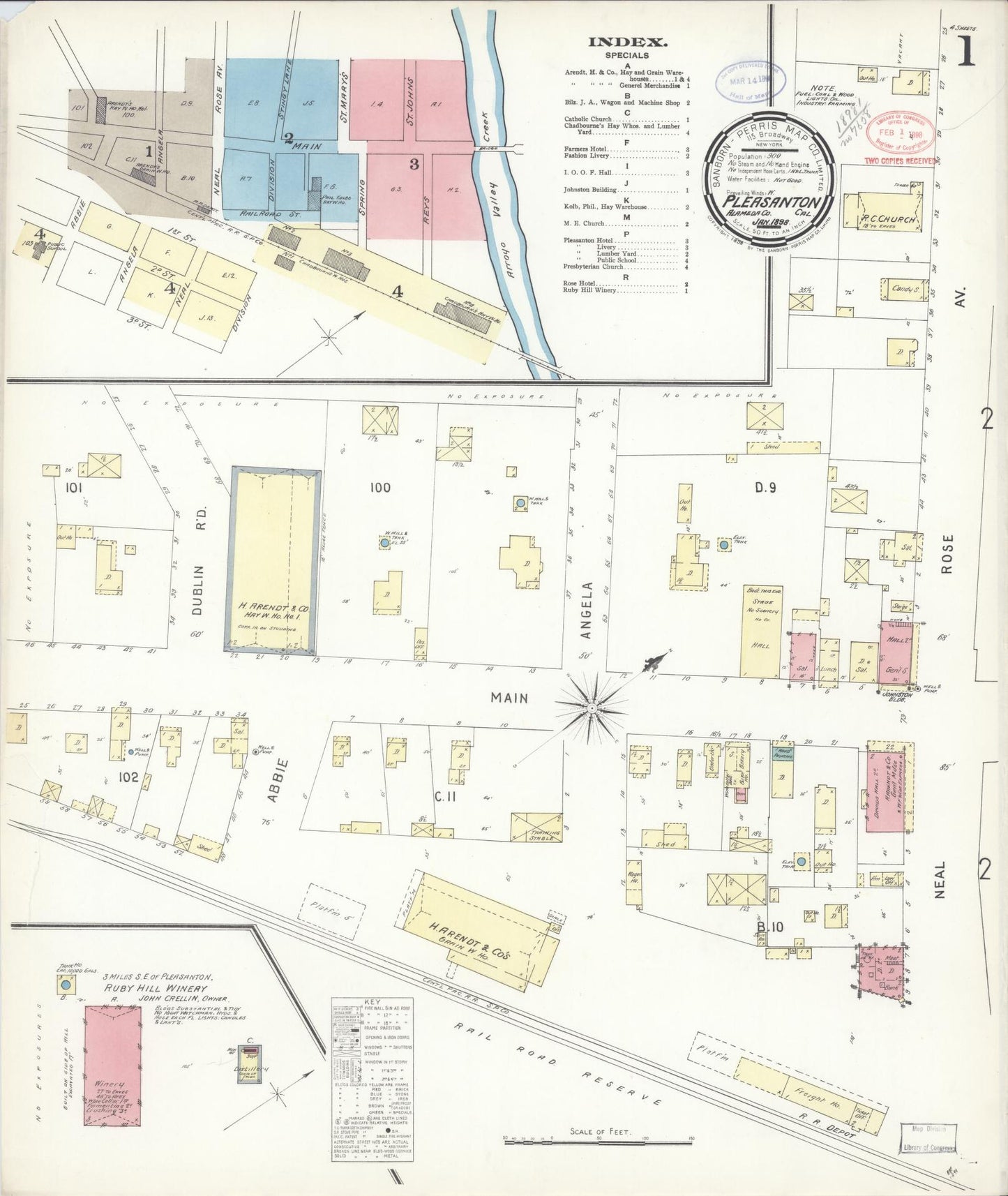 Sanborn Fire Insurance Map from Pleasanton, Alameda County, California (1898), Sheet #0001 - Complete Map Set gallery image, historic Sanborn map, vintage wall art, California California
