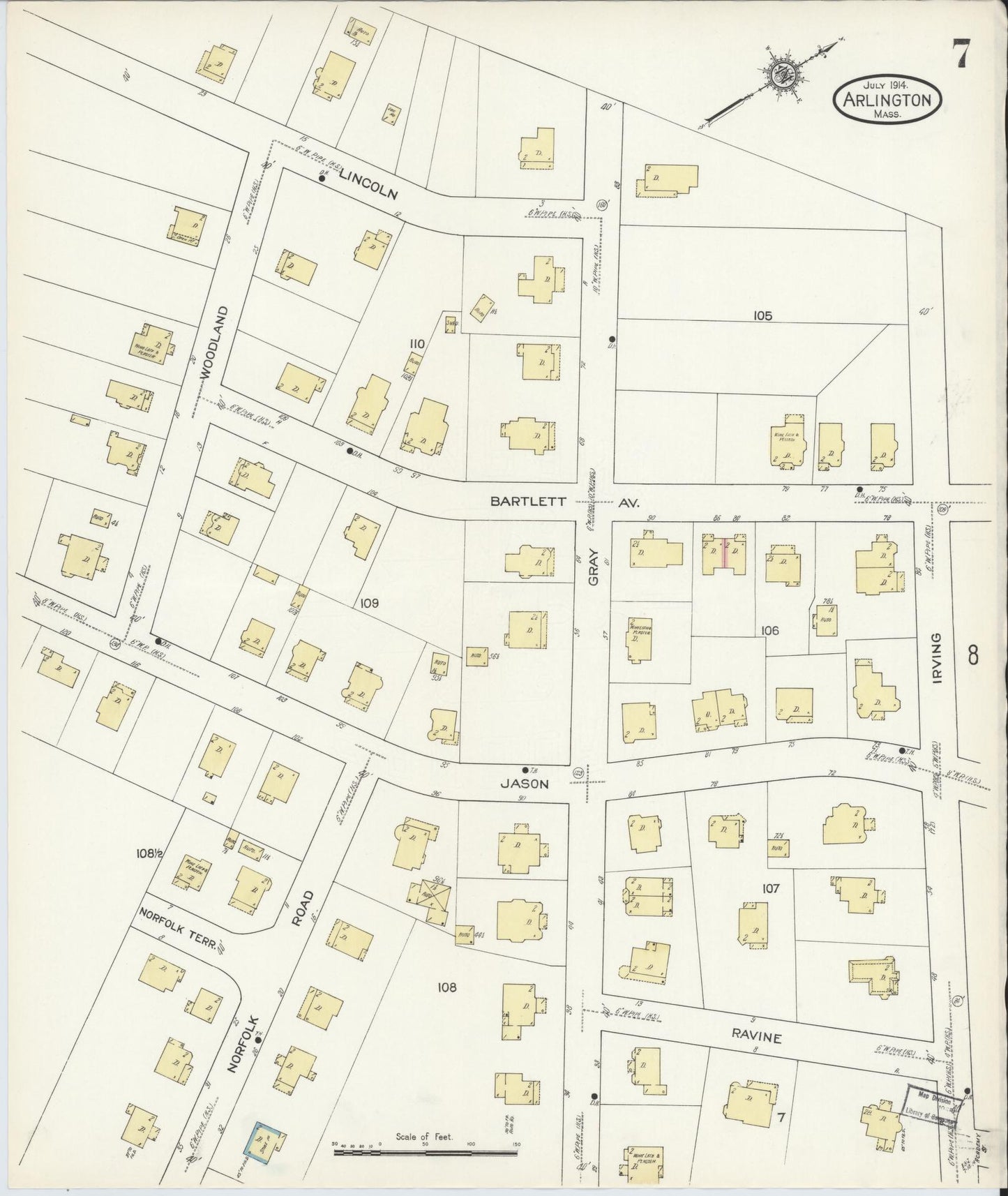 Sanborn Fire Insurance Map from Arlington, Middlesex County, Massachusetts (1914), Sheet #0007 - Historic Sanborn Fire Insurance Map Print, vintage old map wall art, antique decor, genealogy gift, Massachusetts Massachusetts map