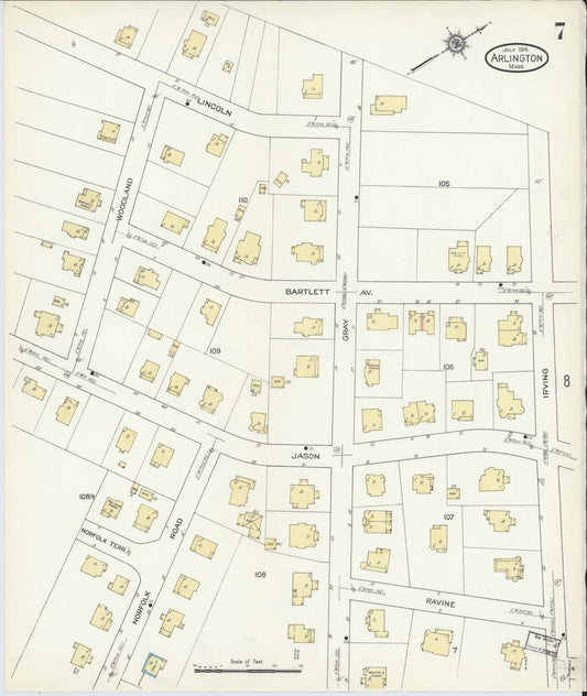 Sanborn Fire Insurance Map from Arlington, Middlesex County, Massachusetts (1914), Sheet #0007 - Historic Sanborn Fire Insurance Map Print, vintage old map wall art, antique decor, genealogy gift, Massachusetts Massachusetts map