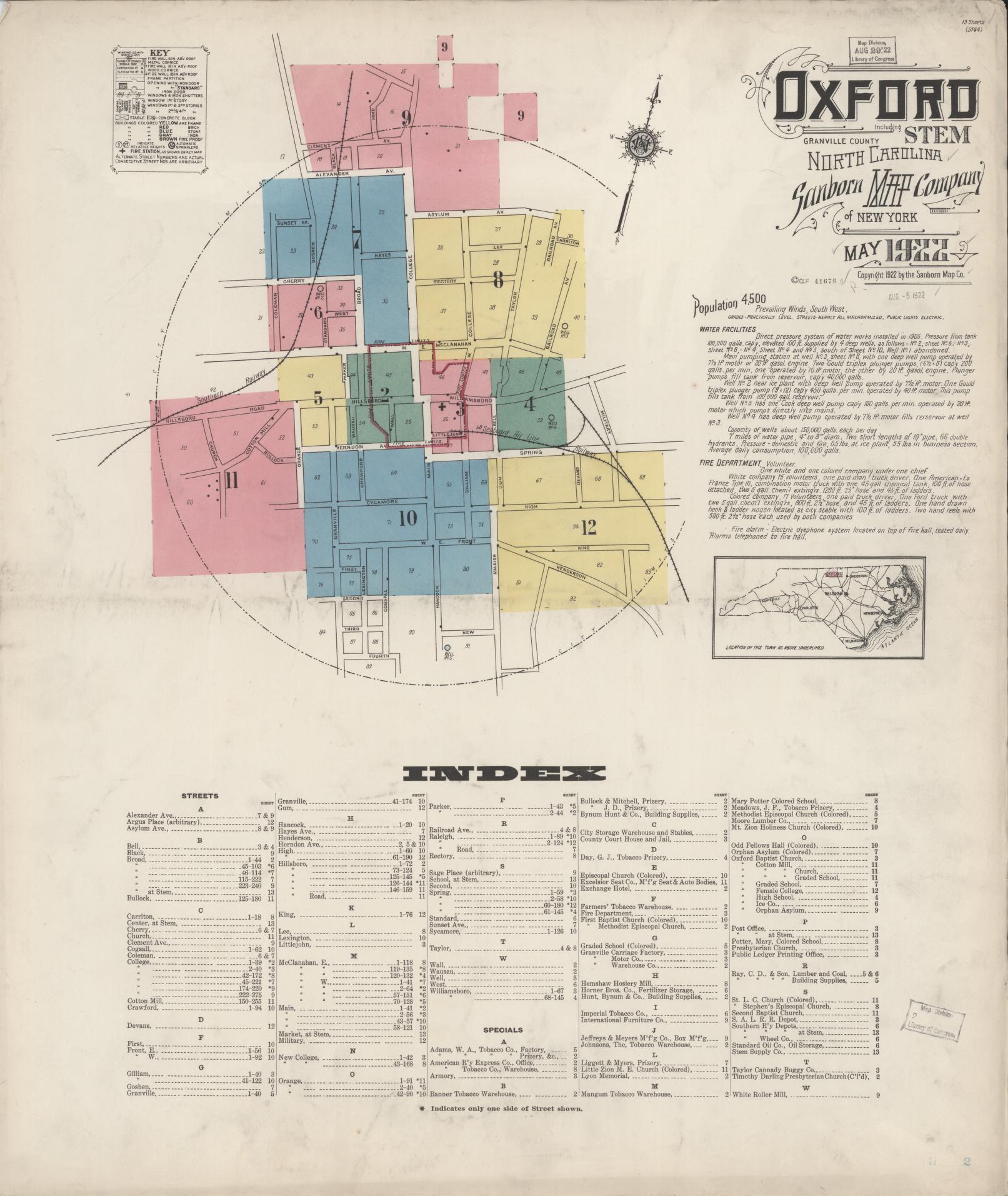 Sanborn Fire Insurance Map from Oxford, Granville County, North Carolina (1922), Sheet #0001 - Complete Map Set gallery image, historic Sanborn map, vintage wall art, North Carolina North Carolina