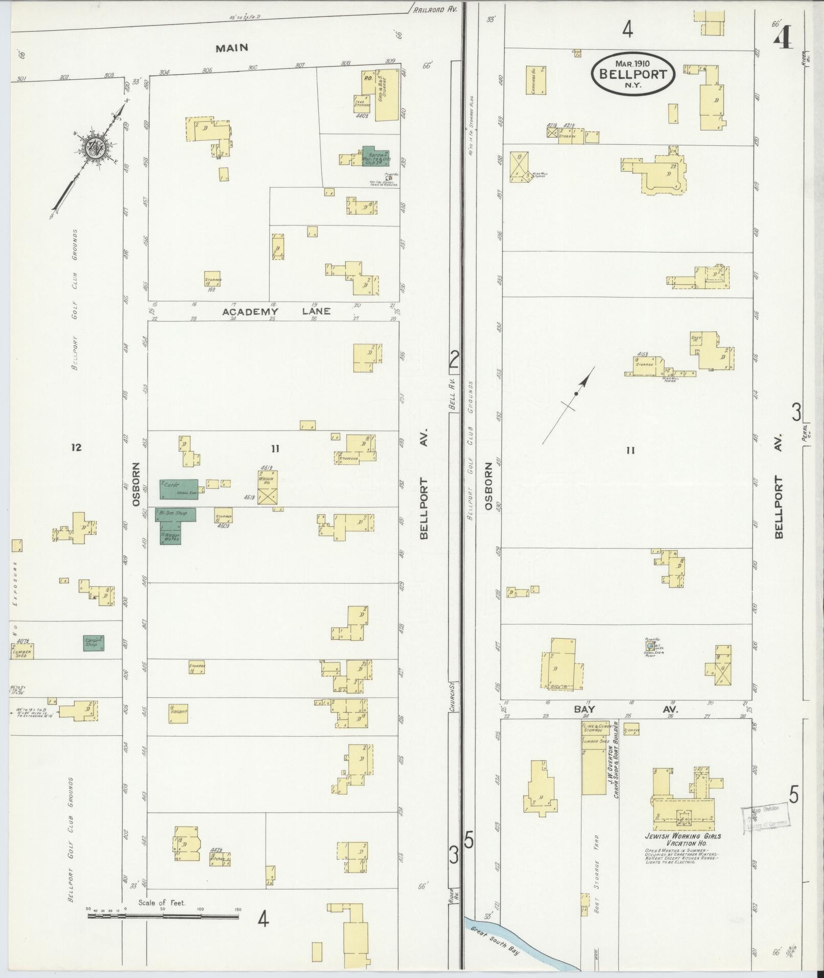 Sanborn Fire Insurance Map from Bellport, Suffolk County, New York (1910), Sheet #0004 - Complete Map Set gallery image, historic Sanborn map, vintage wall art, New York New York
